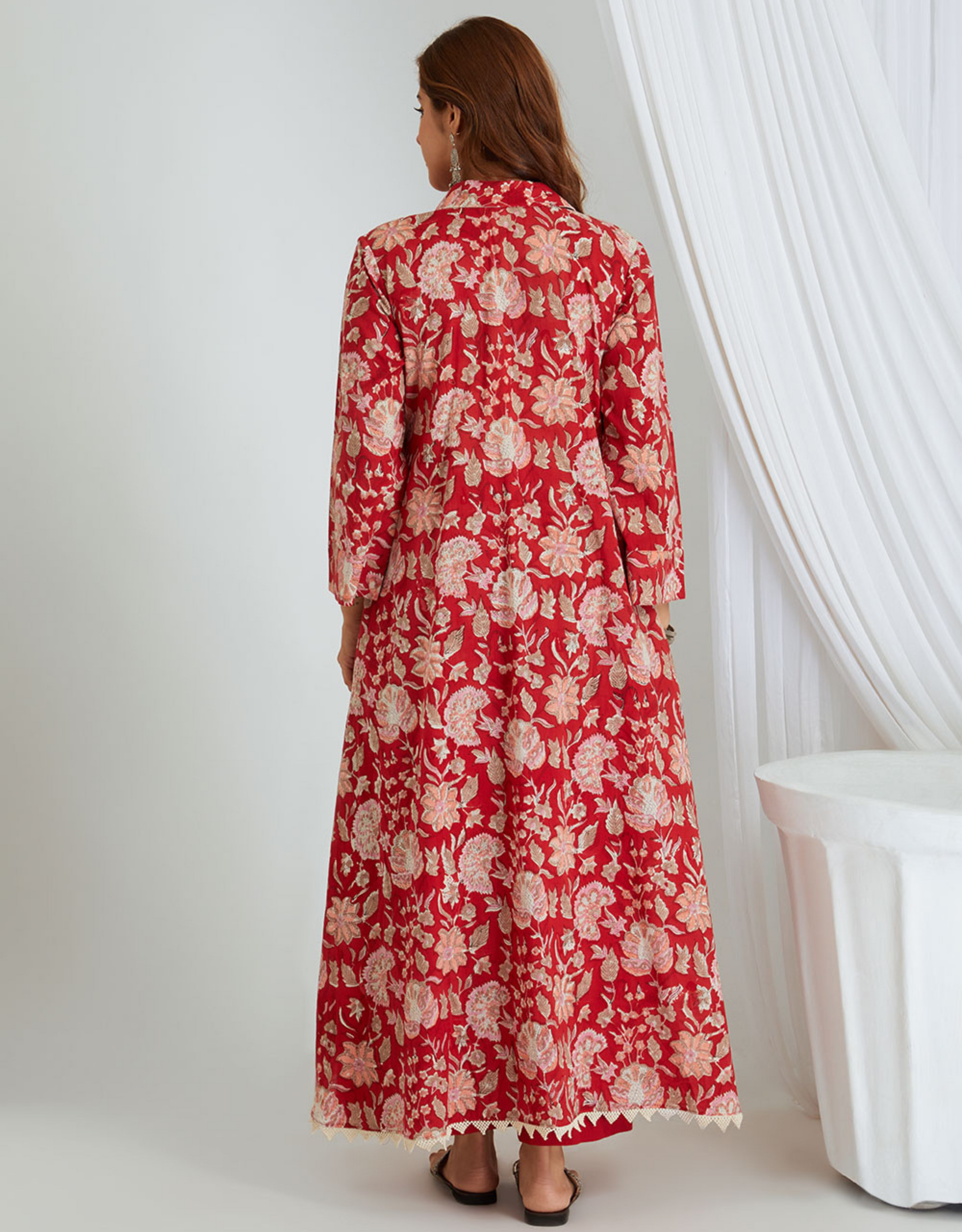 Red Hand Block Cotton High-Low Kurta Pants Co-ord Set Lace
