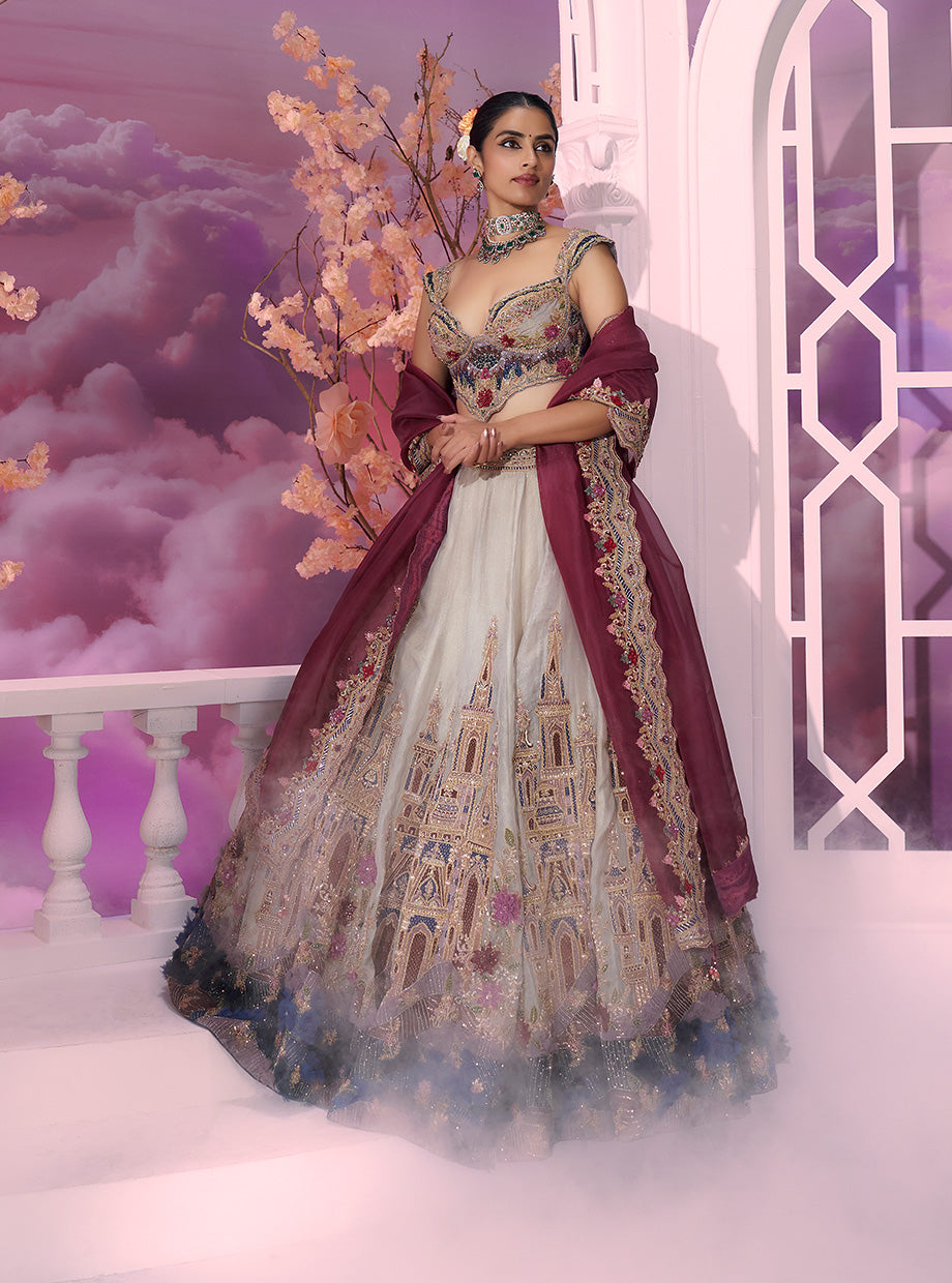 Sage Green Tissue Castle Lehenga with Hot Pink Dupatta