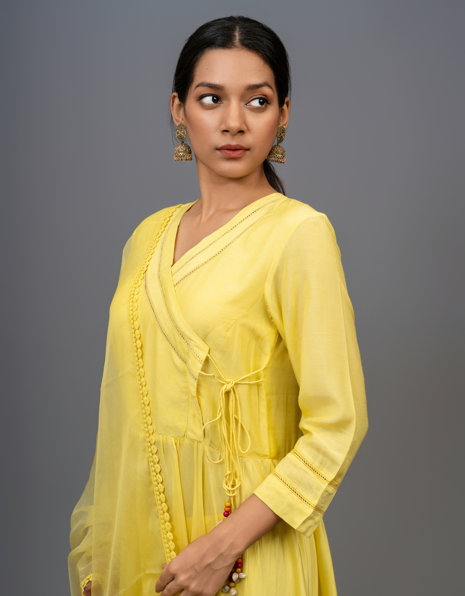 Yellow Cotton Silk Gathered A-line Angrakha Kurta Pants Lace
