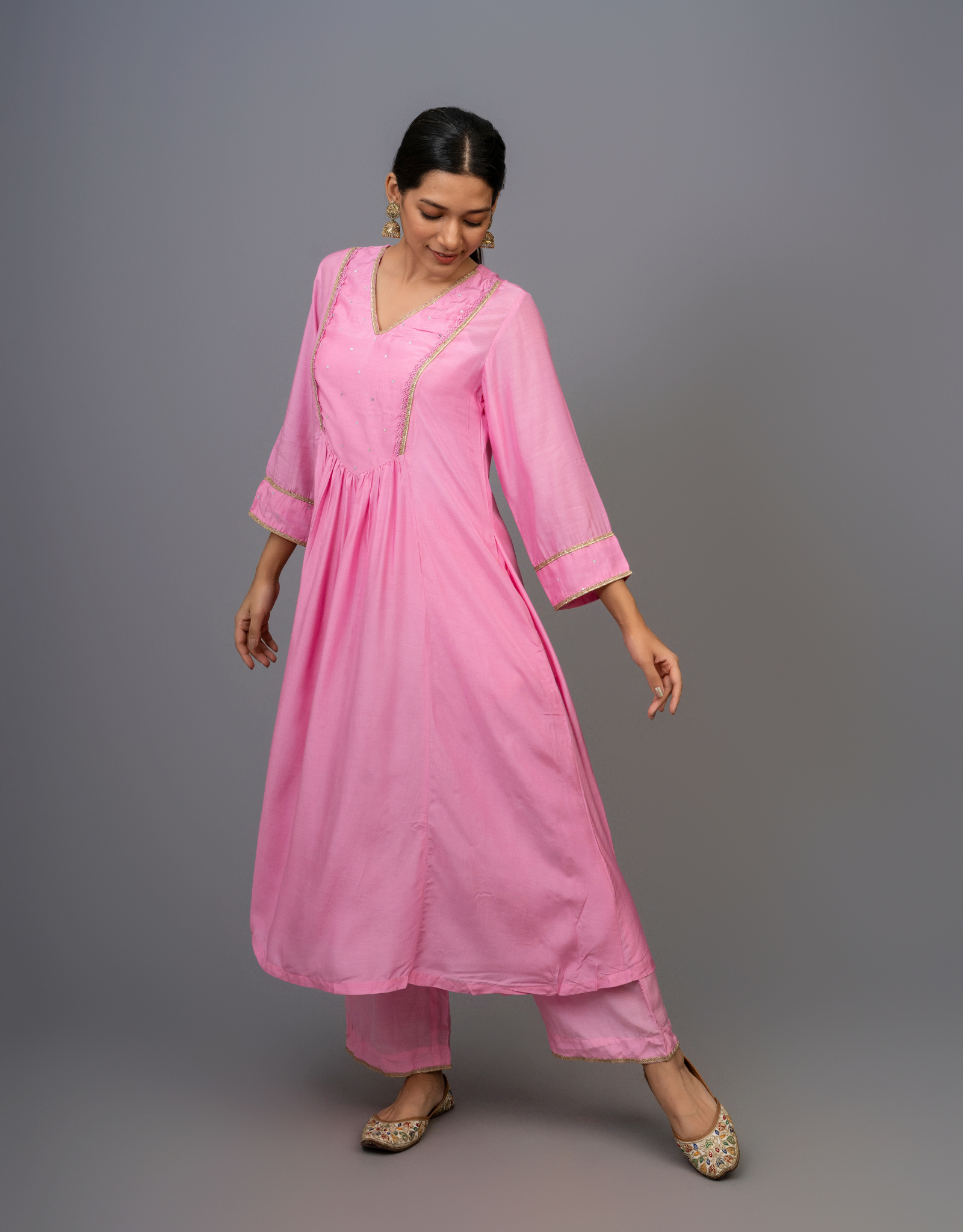 Purple Cotton Silk Hand Embroidered A-line Kurta Pants Set