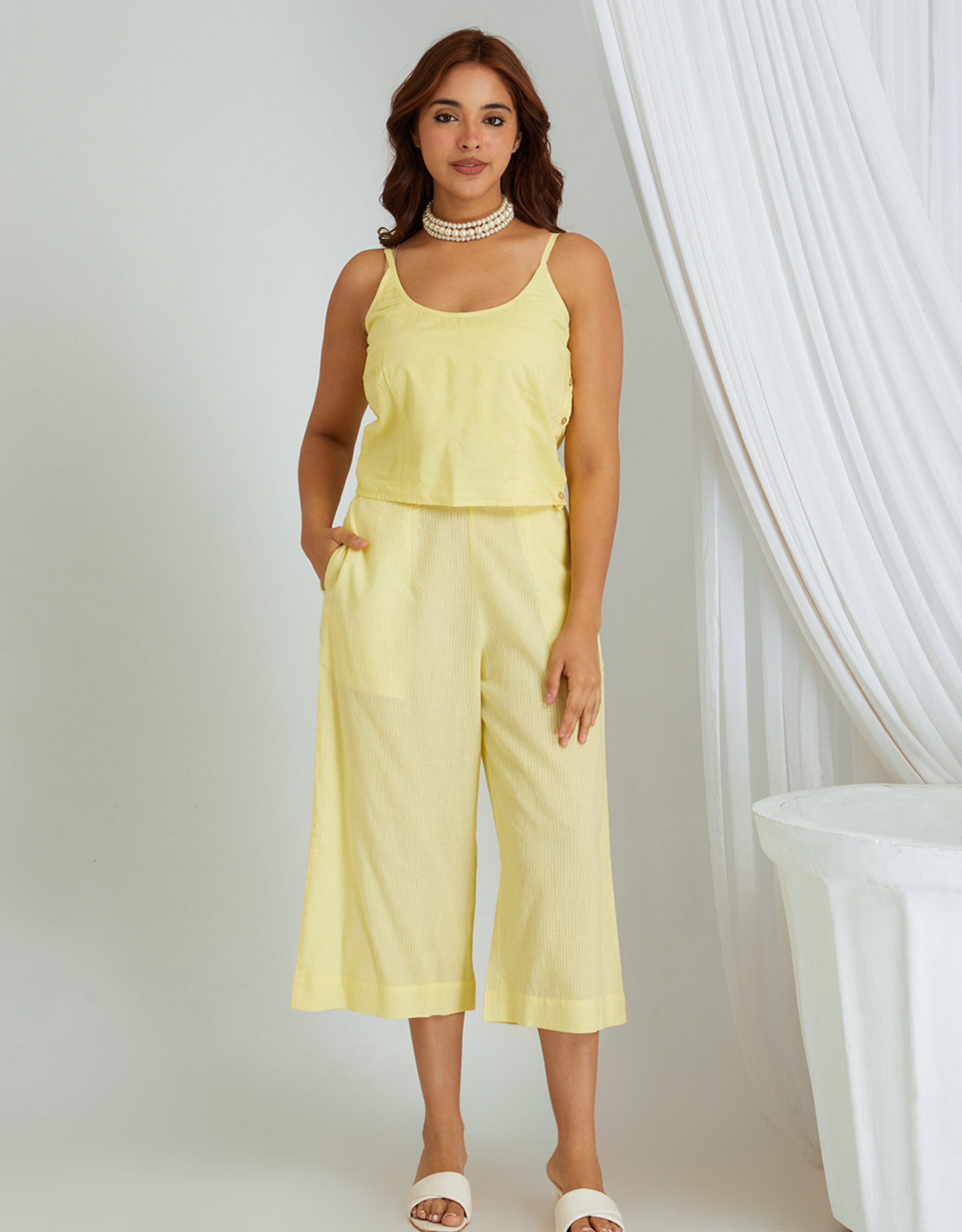 Yellow Kantha Weaving Cotton Shrug Slip Pants Co-ord Set Collar
