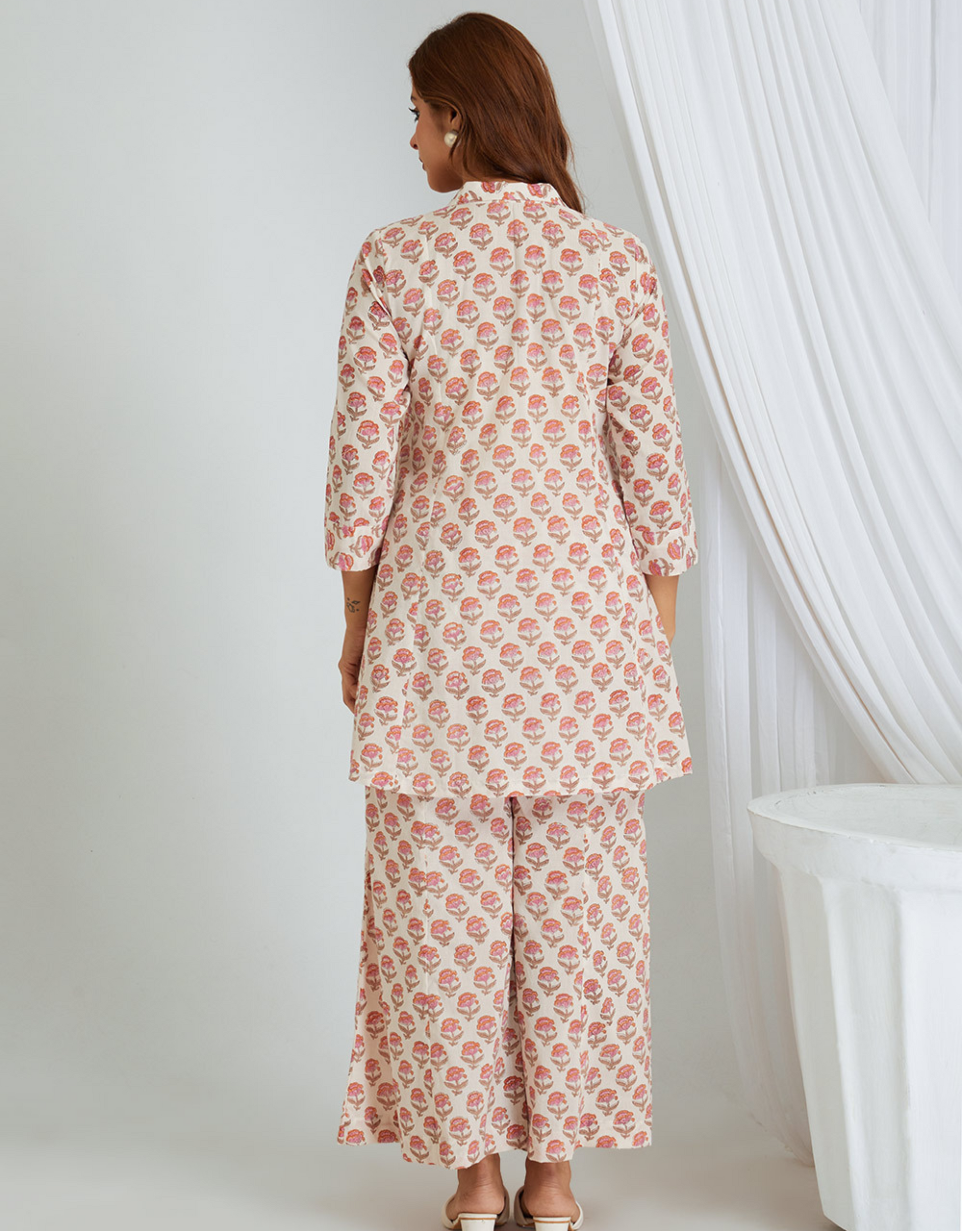 Pink Block Printed Cotton Tunic Palazzo Co-ord Set Kali Front