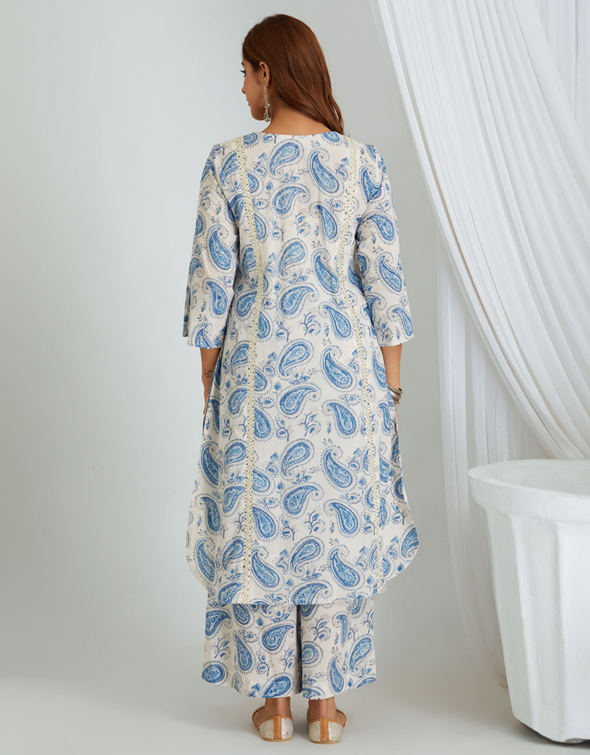 White Blue Hand Block Cotton Kurta Palazzo Co-ord Set Lace Tucks