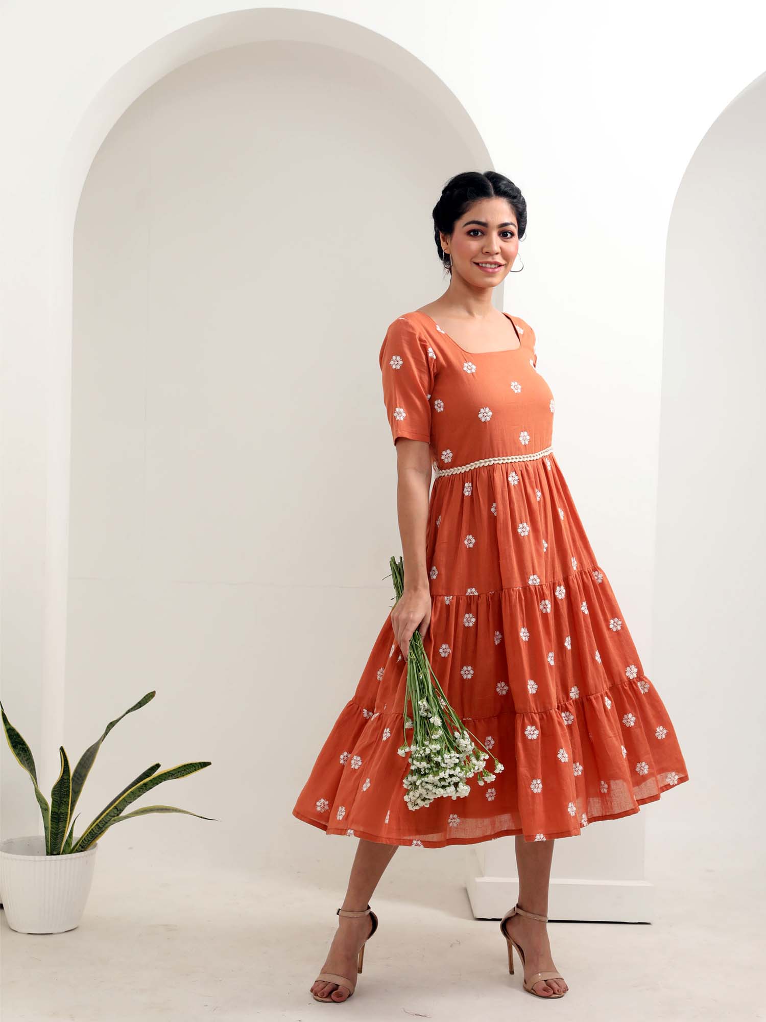 Beautiful Rust Orange Cotton Floral Embroidered Tiered Dress Braided Belt
