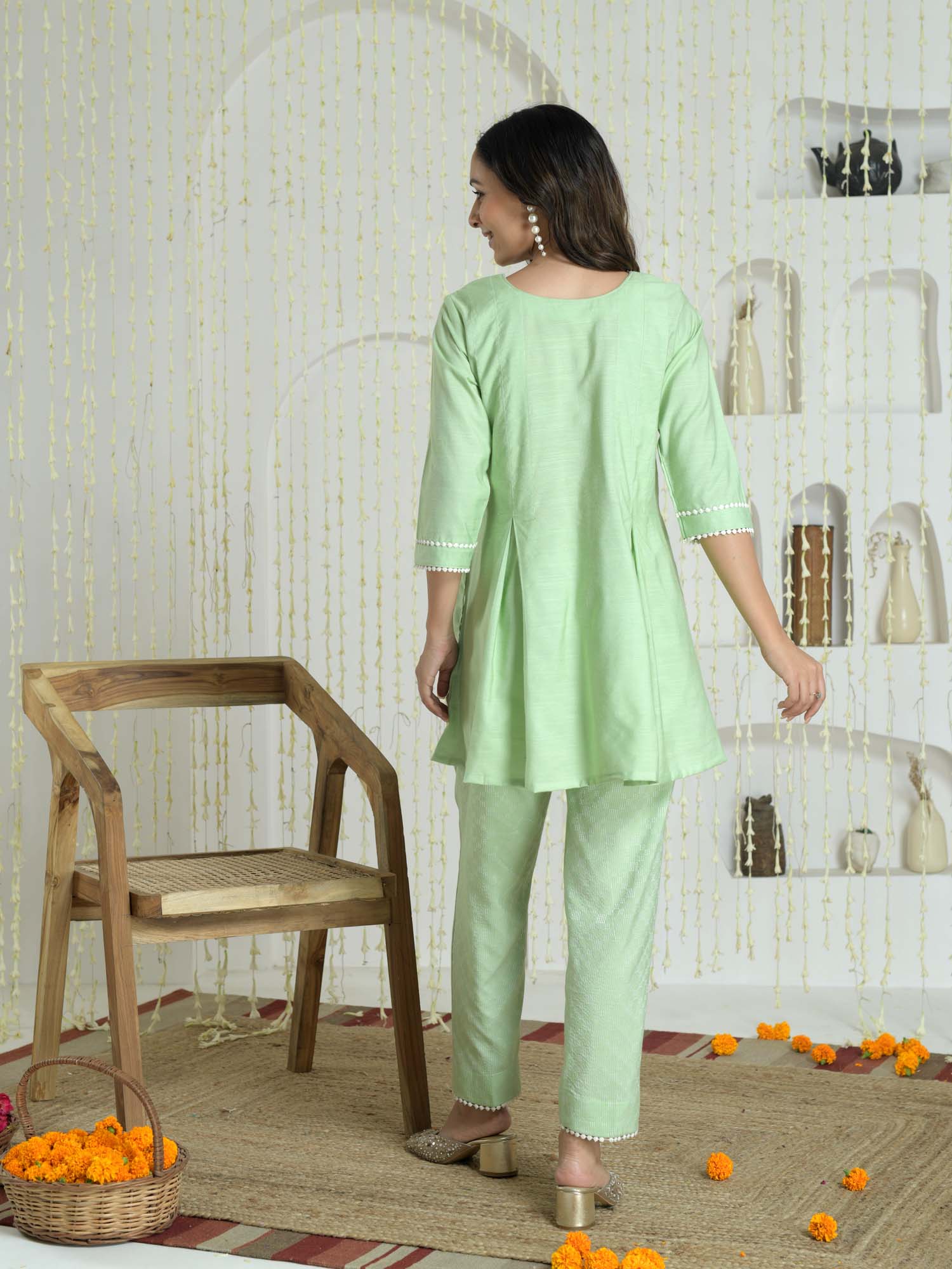 Luxurious Pastel Green Chandheri Cotton Box Pleat Coord Set Embroidery