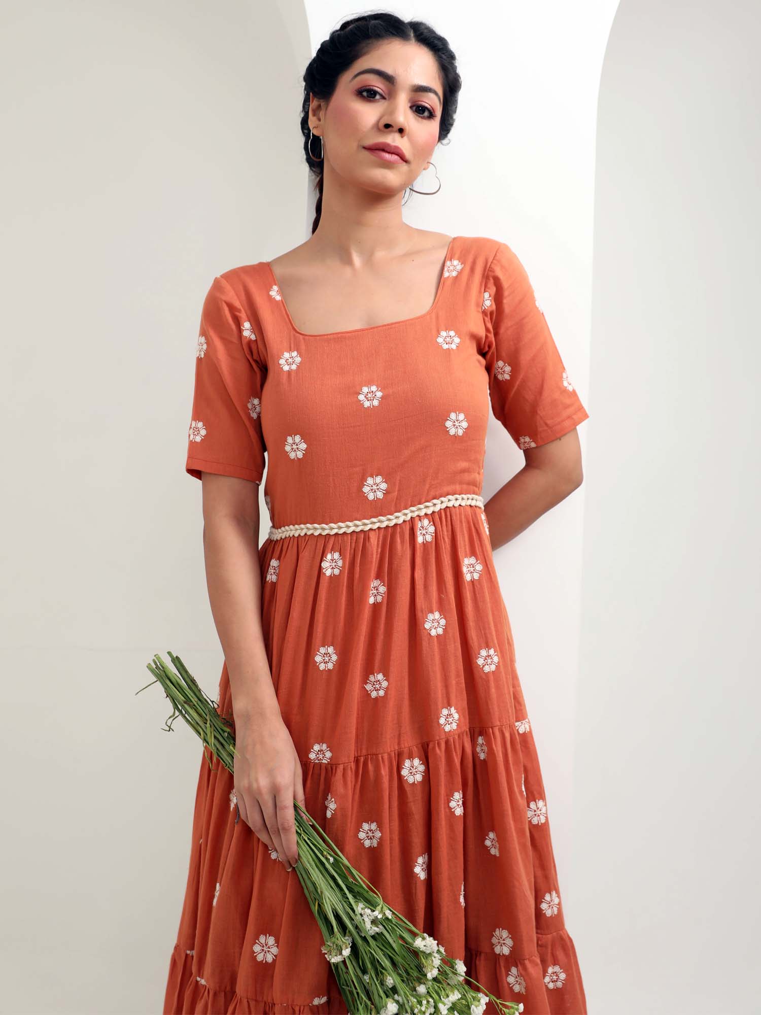 Beautiful Rust Orange Cotton Floral Embroidered Tiered Dress Braided Belt