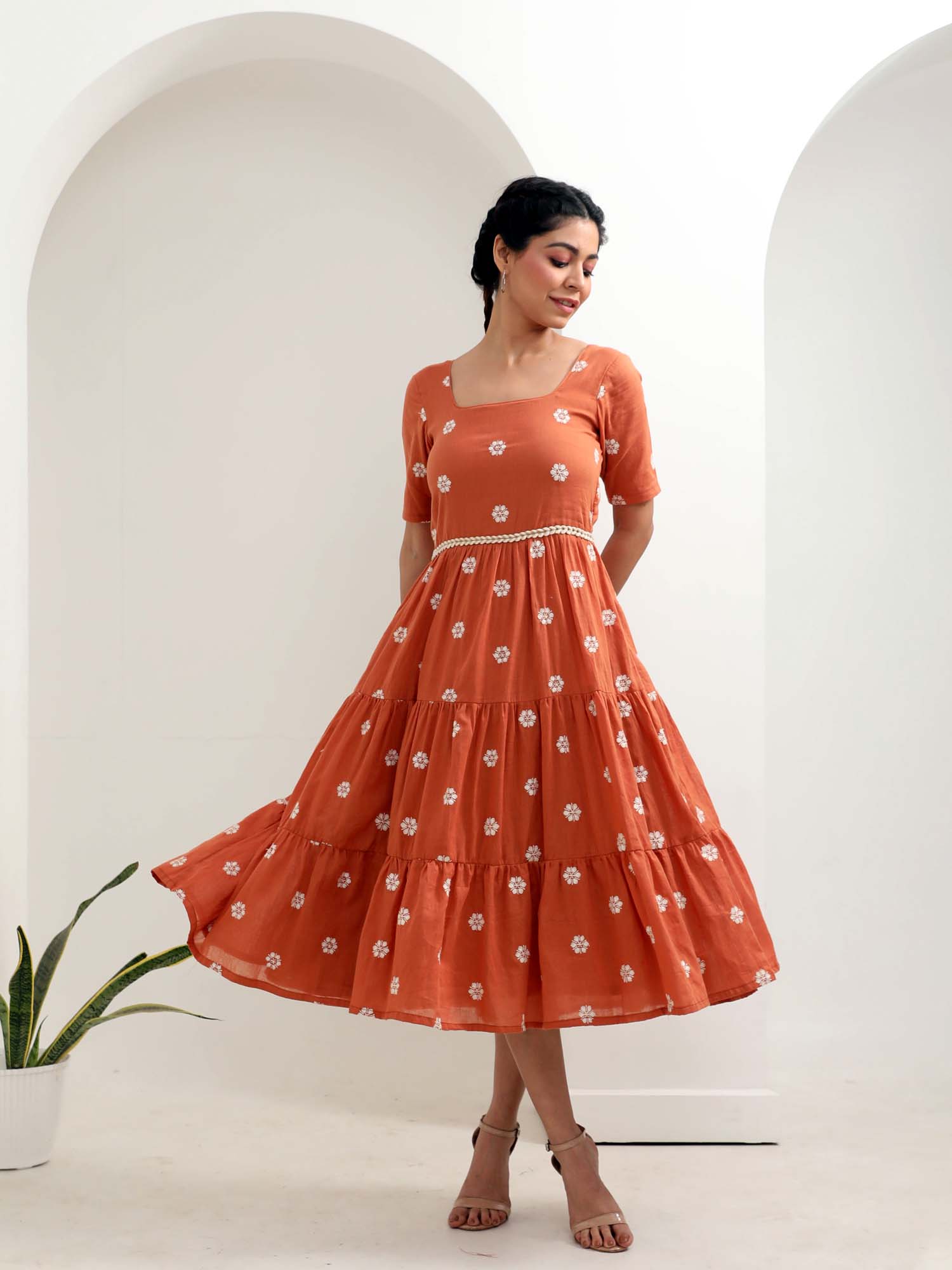 Beautiful Rust Orange Cotton Floral Embroidered Tiered Dress Braided Belt
