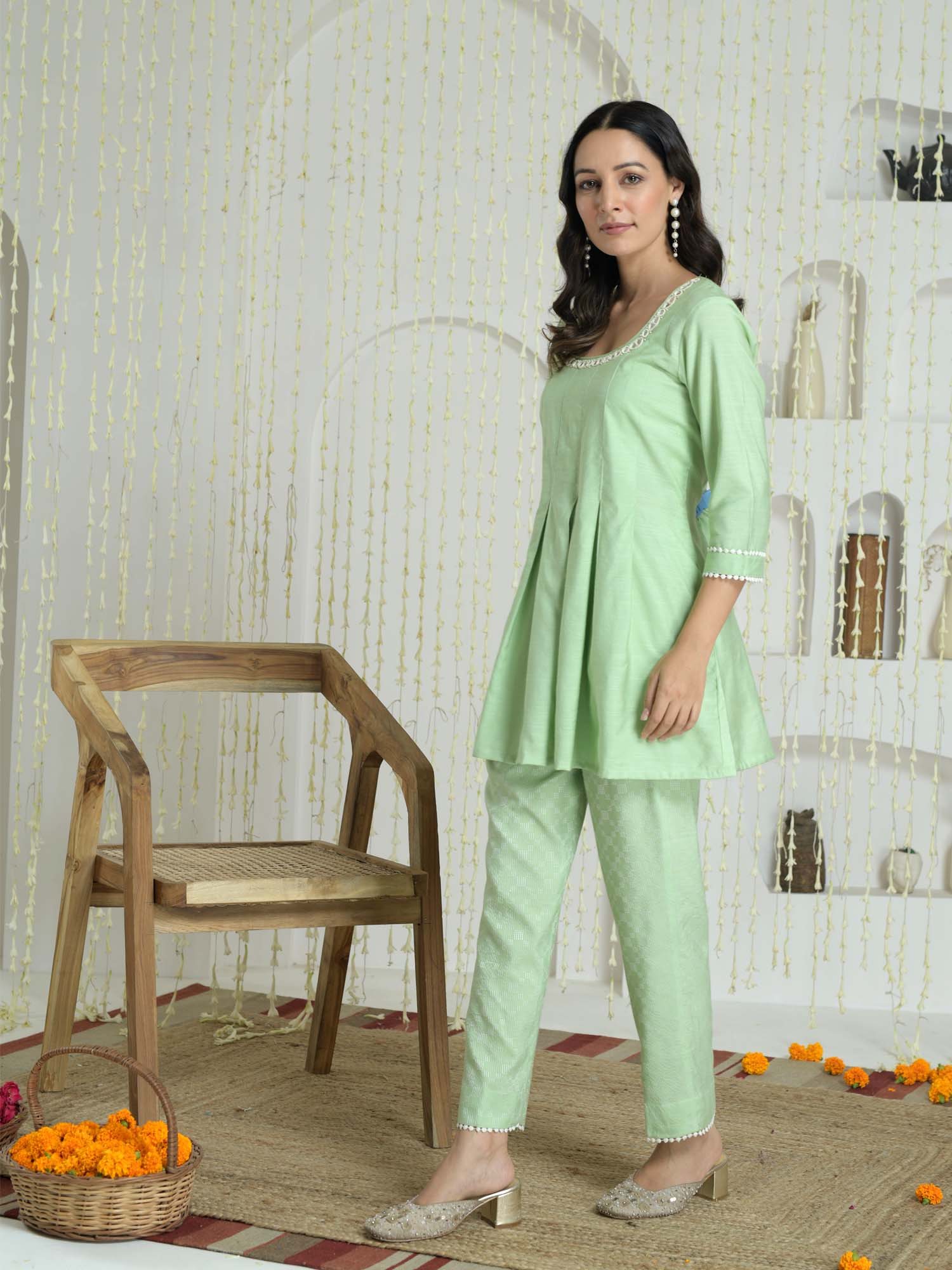 Luxurious Pastel Green Chandheri Cotton Box Pleat Coord Set Embroidery