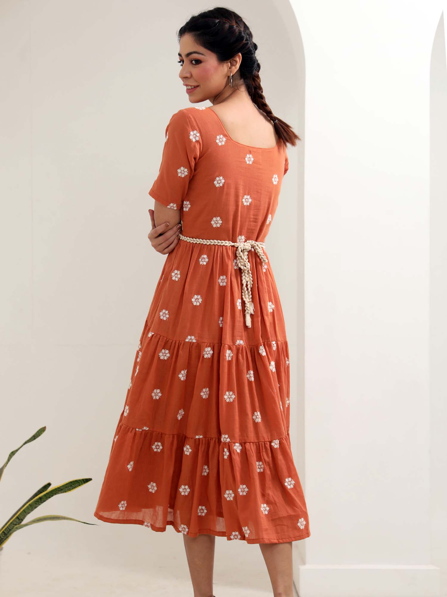 Beautiful Rust Orange Cotton Floral Embroidered Tiered Dress Braided Belt