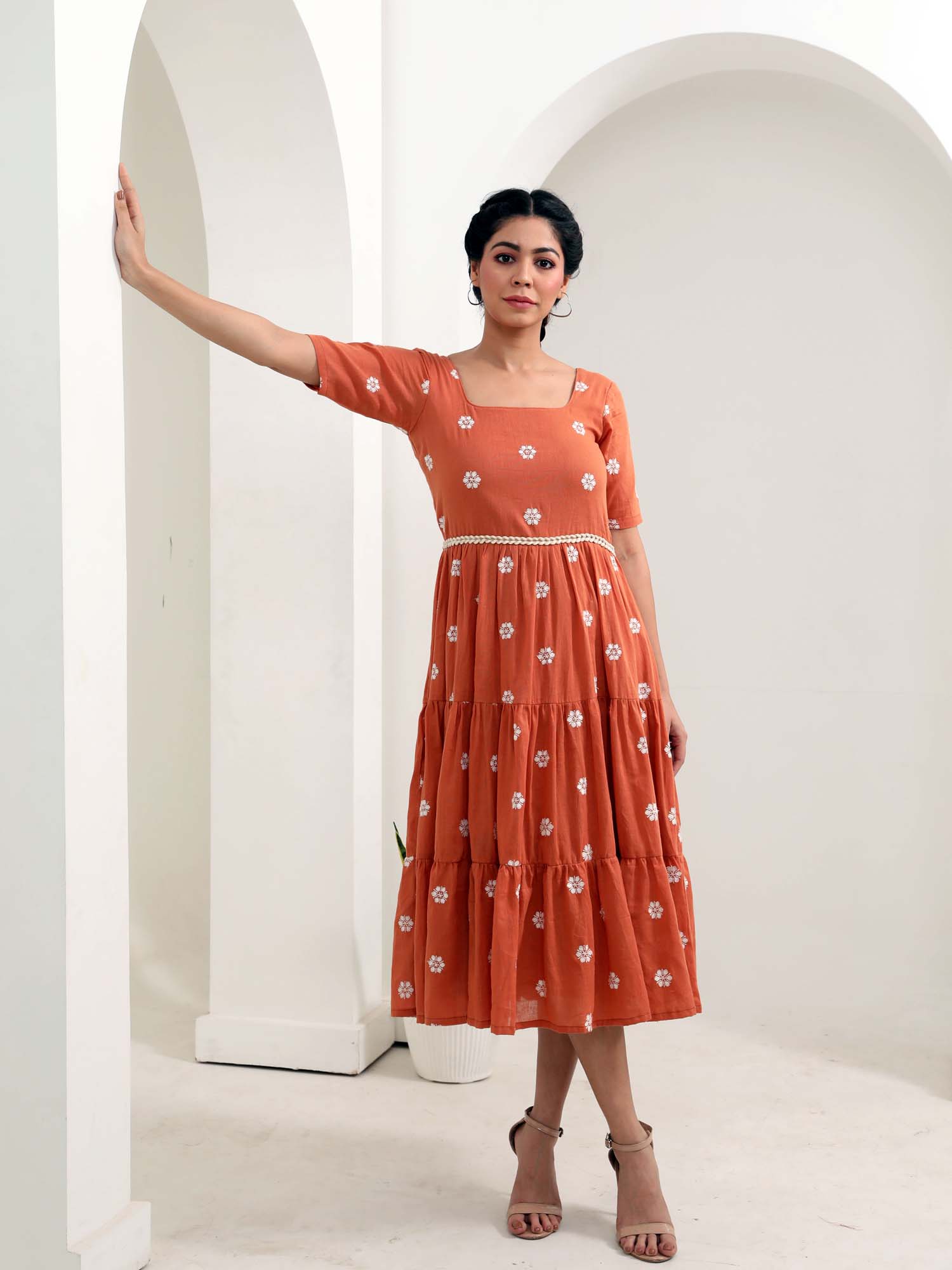 Beautiful Rust Orange Cotton Floral Embroidered Tiered Dress Braided Belt
