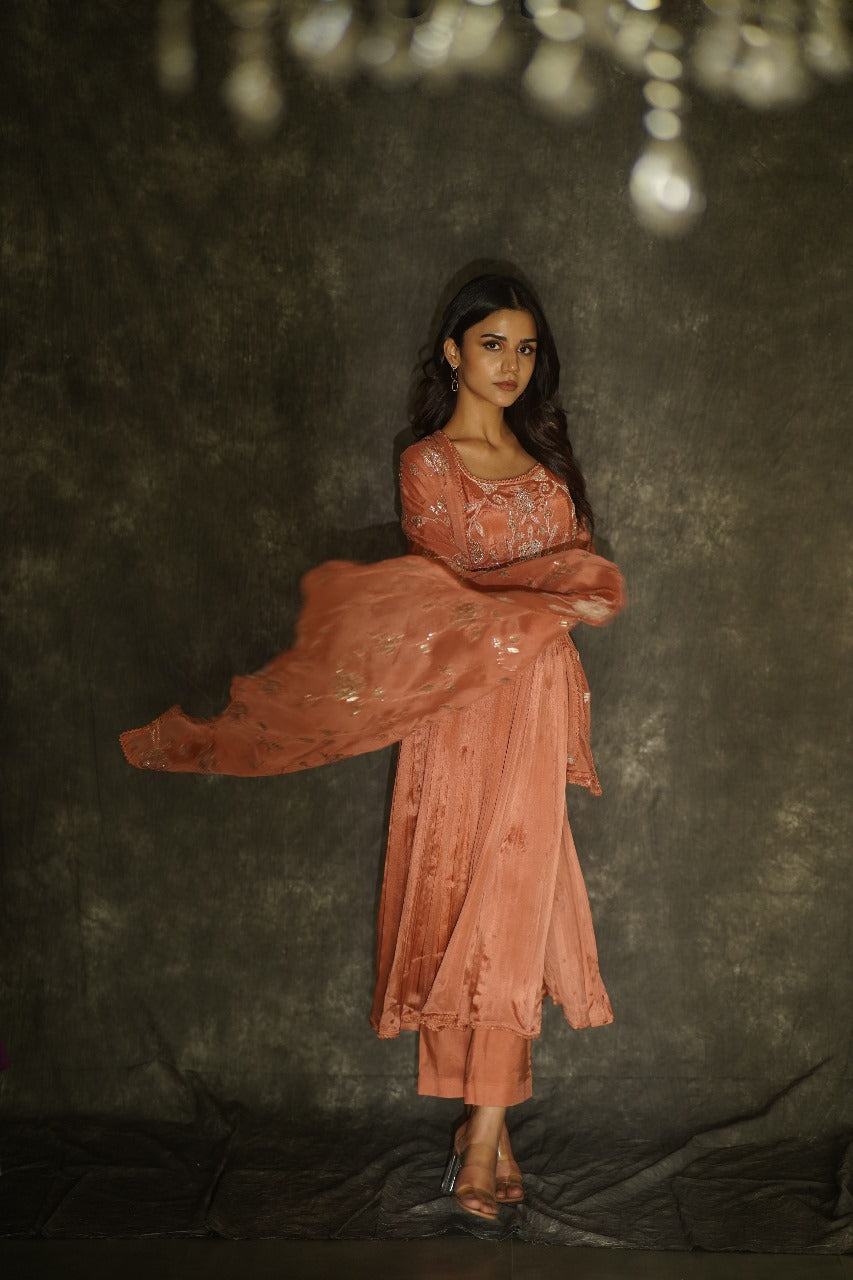 Manorama Rust Orange Chiffon Anarkali with Crocia Borders - Wedding Wear