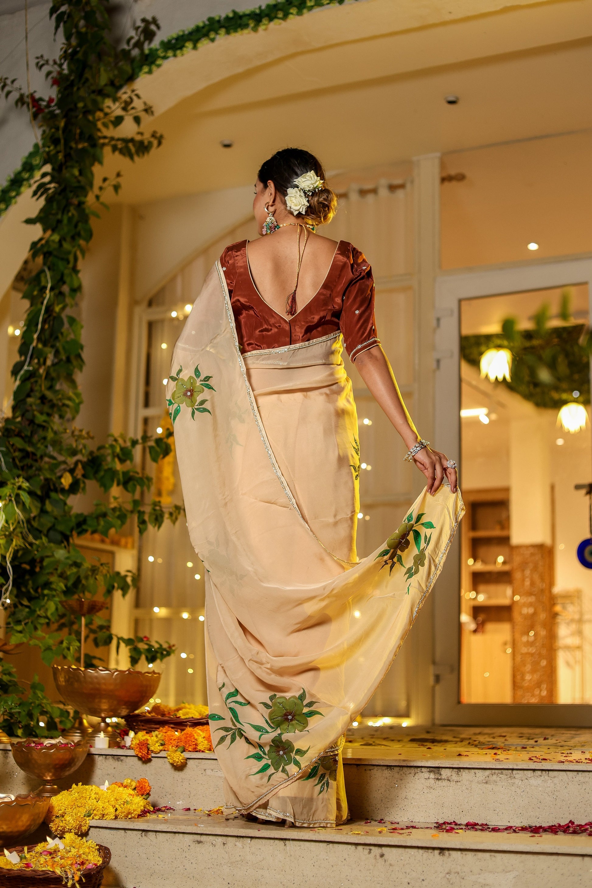 Alluring Yellow Light Brown Organza Handpainted Hand Embroidered Saree Floral