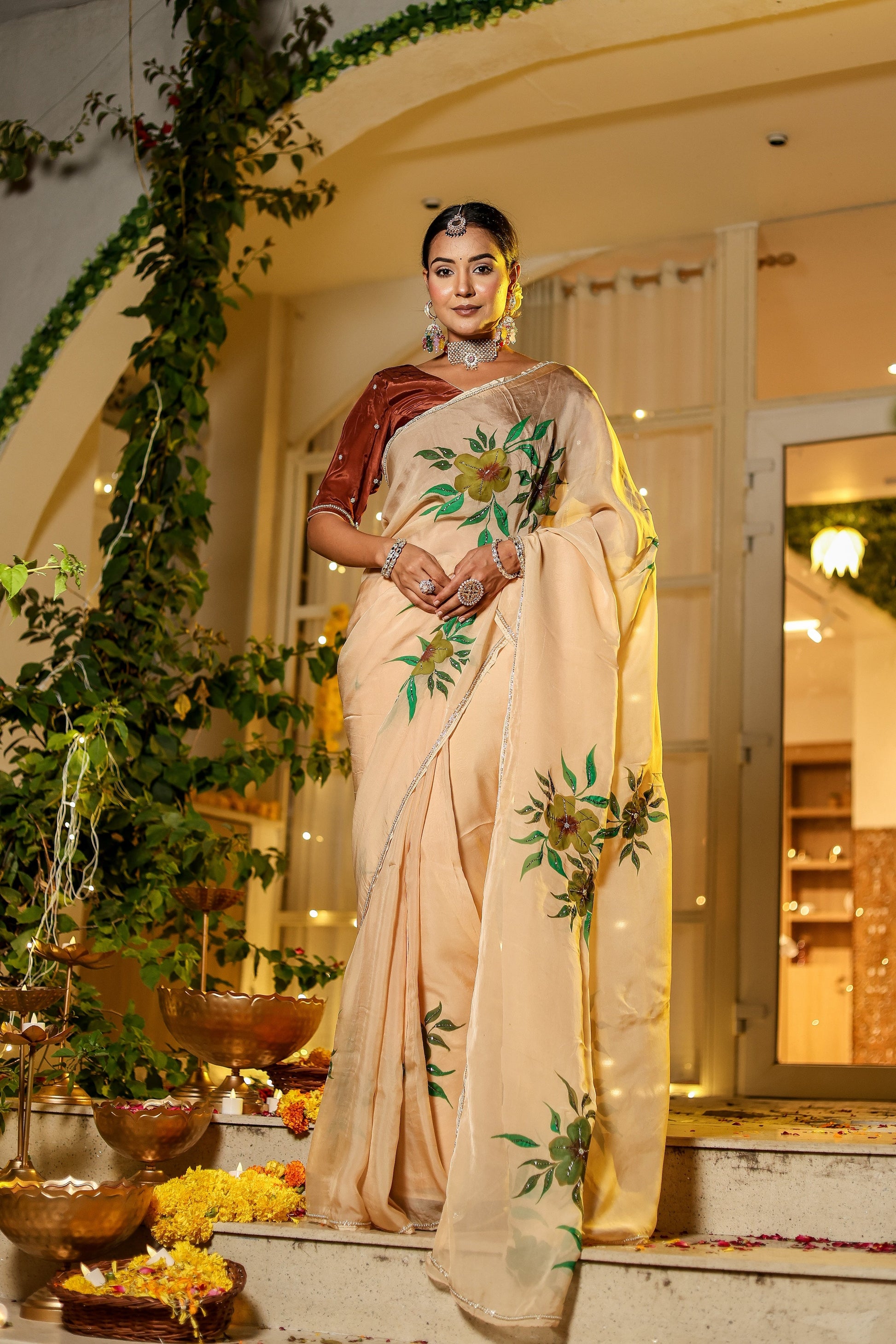 Alluring Yellow Light Brown Organza Handpainted Hand Embroidered Saree Floral