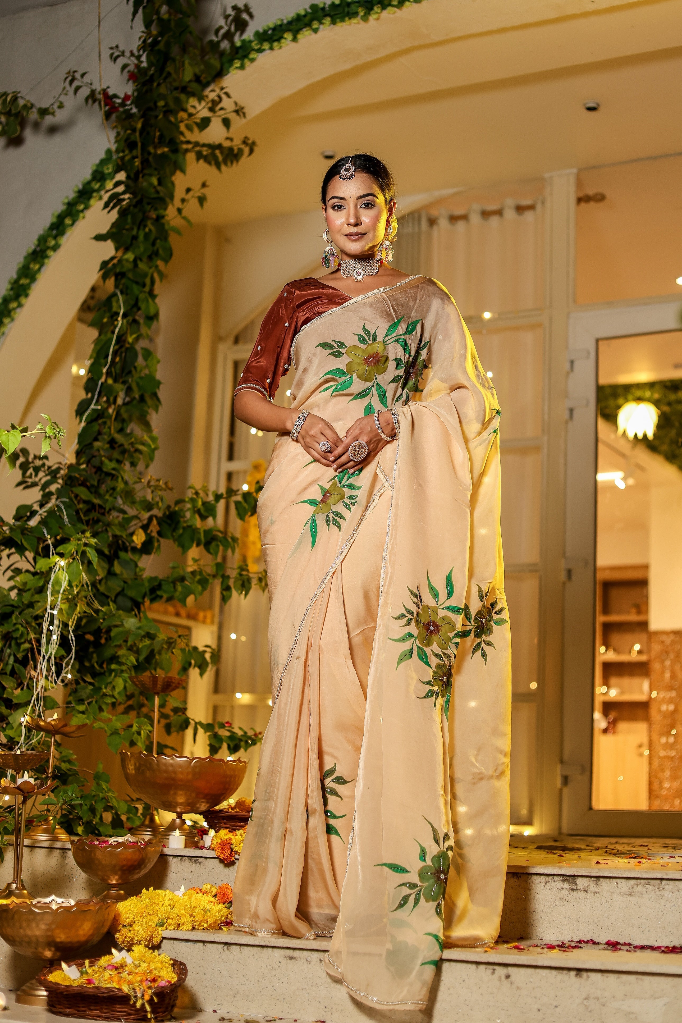 Alluring Yellow Light Brown Organza Handpainted Hand Embroidered Saree Floral