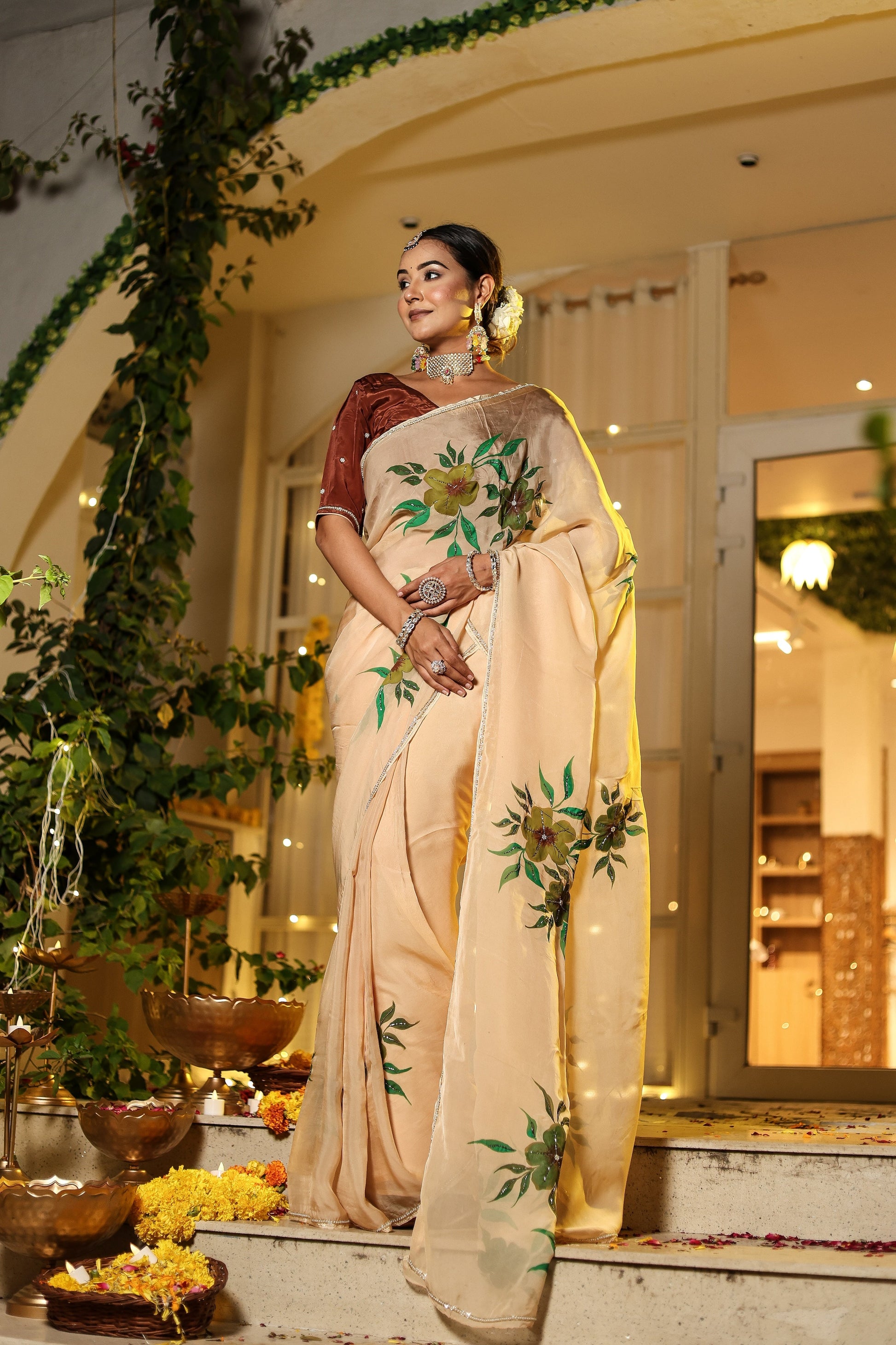 Alluring Yellow Light Brown Organza Handpainted Hand Embroidered Saree Floral