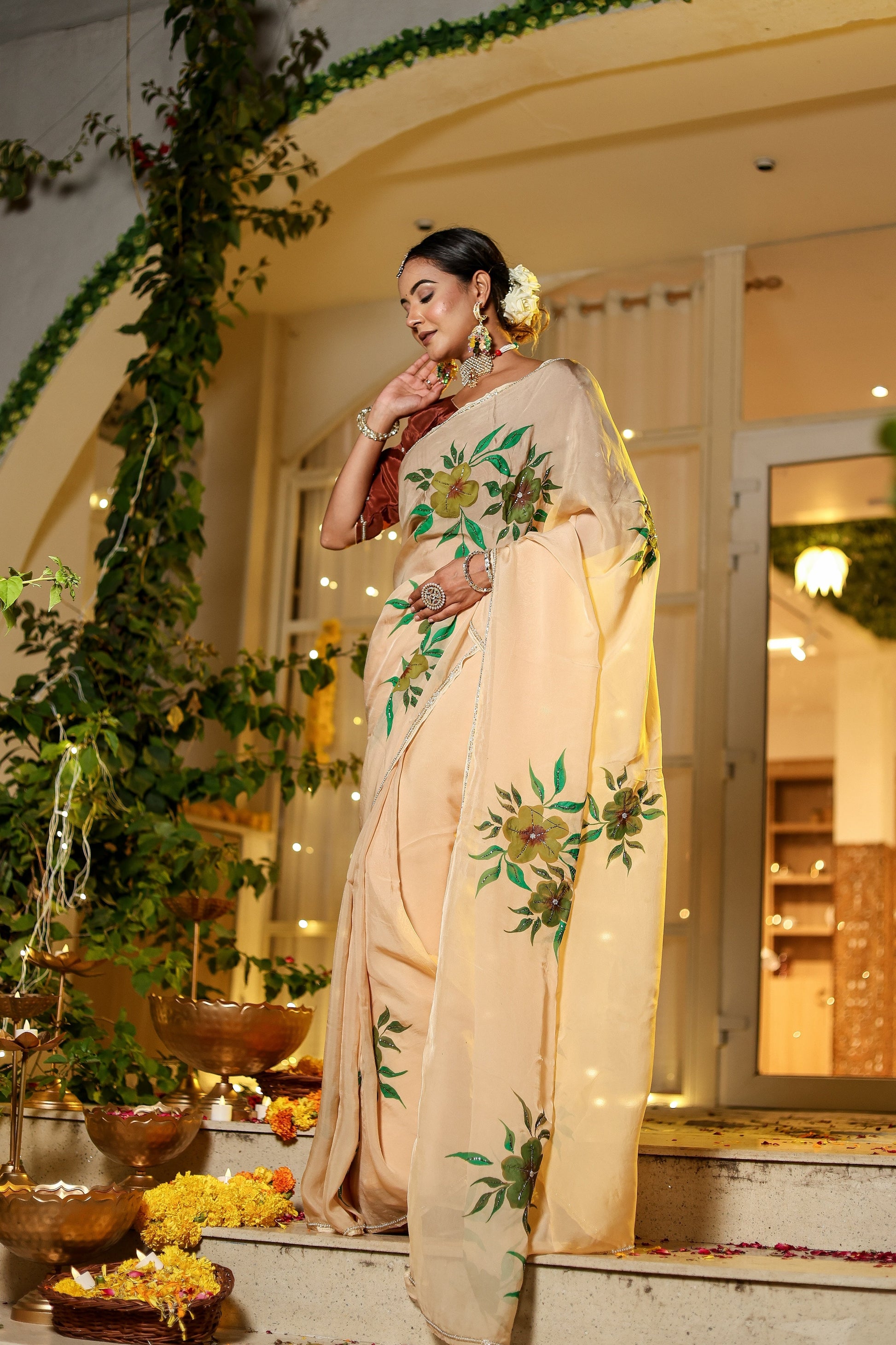 Alluring Yellow Light Brown Organza Handpainted Hand Embroidered Saree Floral