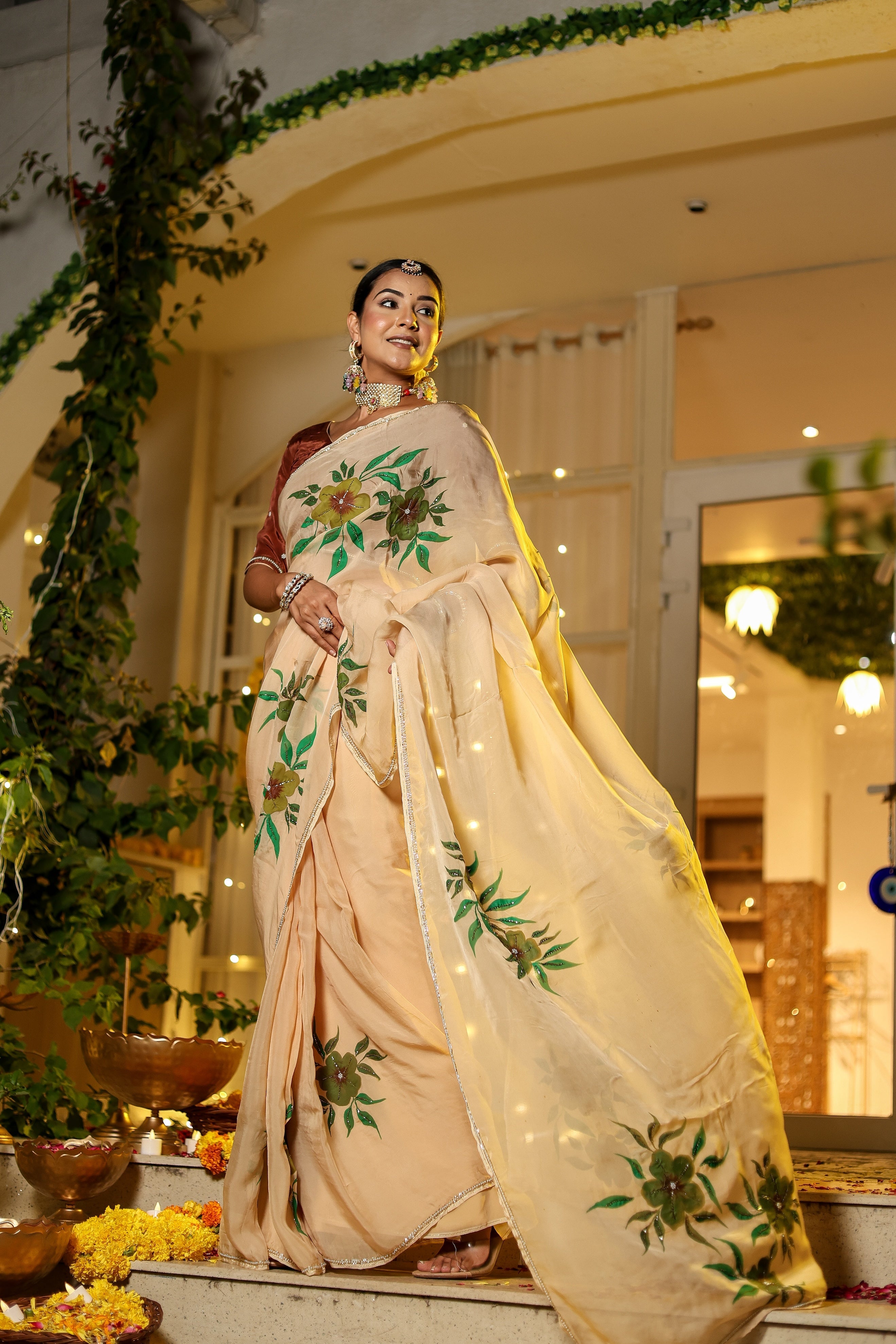 Alluring Yellow Light Brown Organza Handpainted Hand Embroidered Saree Floral
