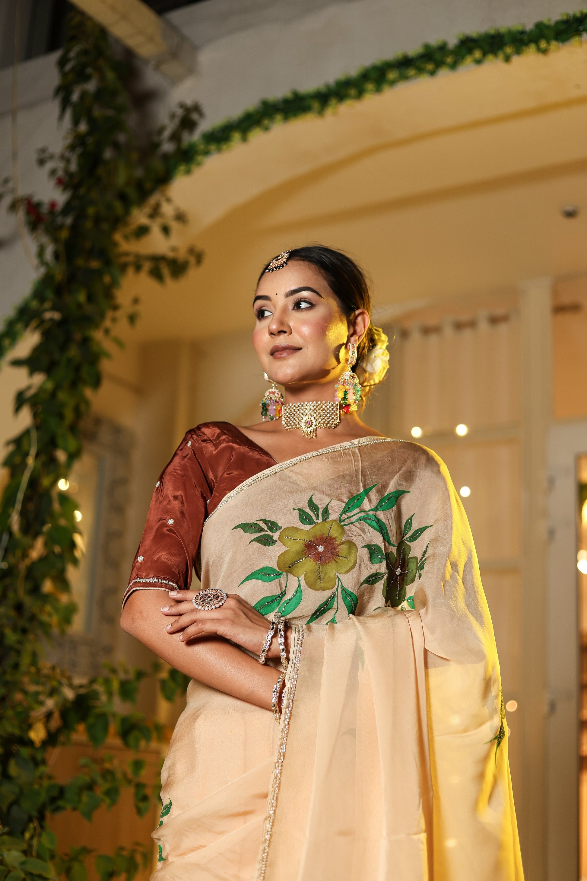 Alluring Yellow Light Brown Organza Handpainted Hand Embroidered Saree Floral