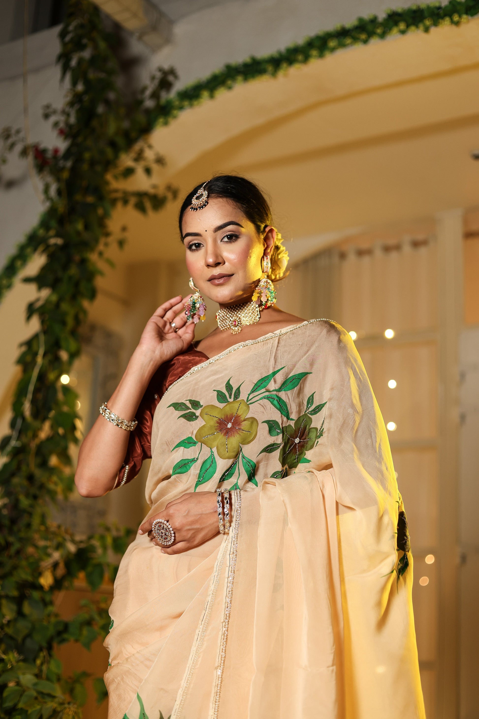 Alluring Yellow Light Brown Organza Handpainted Hand Embroidered Saree Floral