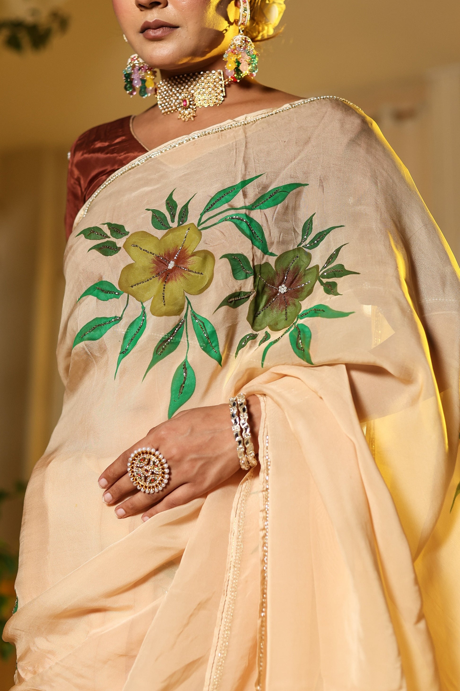 Alluring Yellow Light Brown Organza Handpainted Hand Embroidered Saree Floral