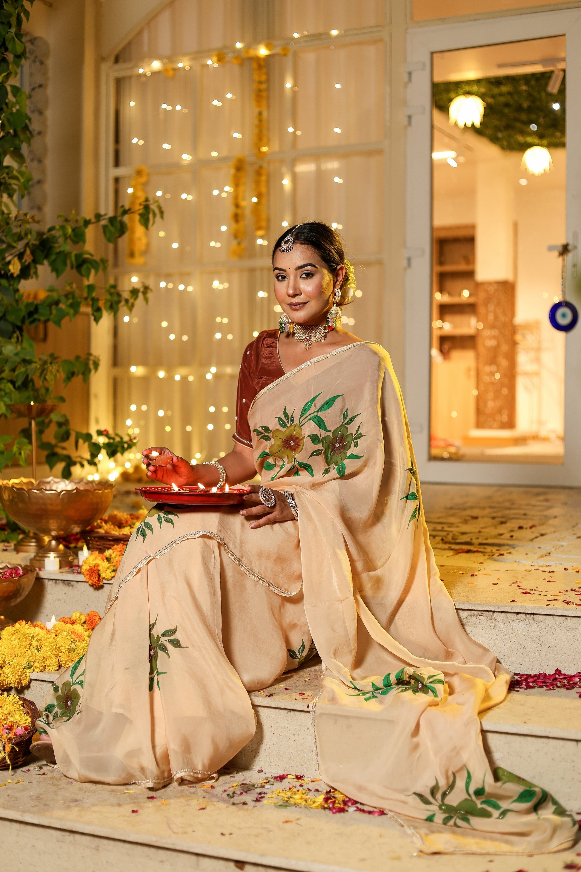 Alluring Yellow Light Brown Organza Handpainted Hand Embroidered Saree Floral
