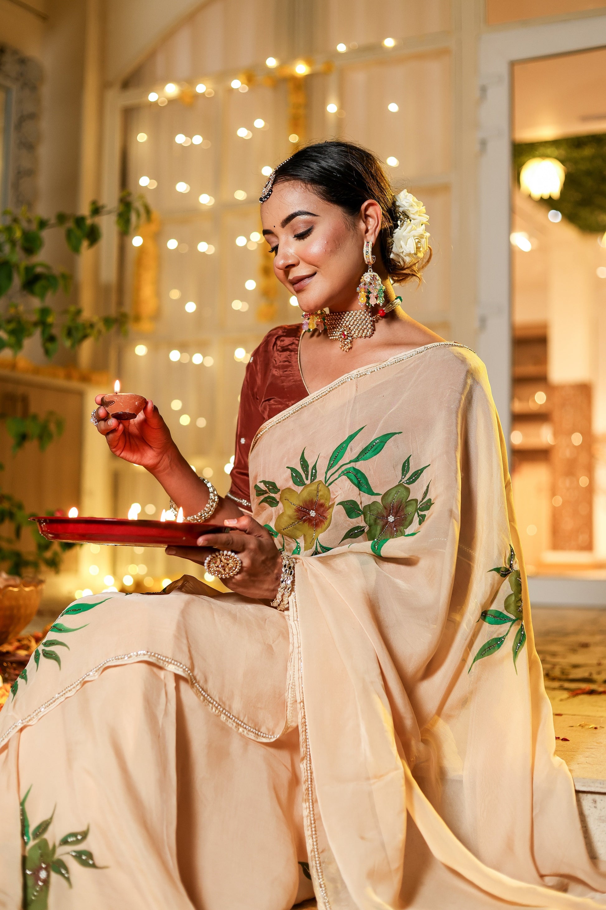 Alluring Yellow Light Brown Organza Handpainted Hand Embroidered Saree Floral