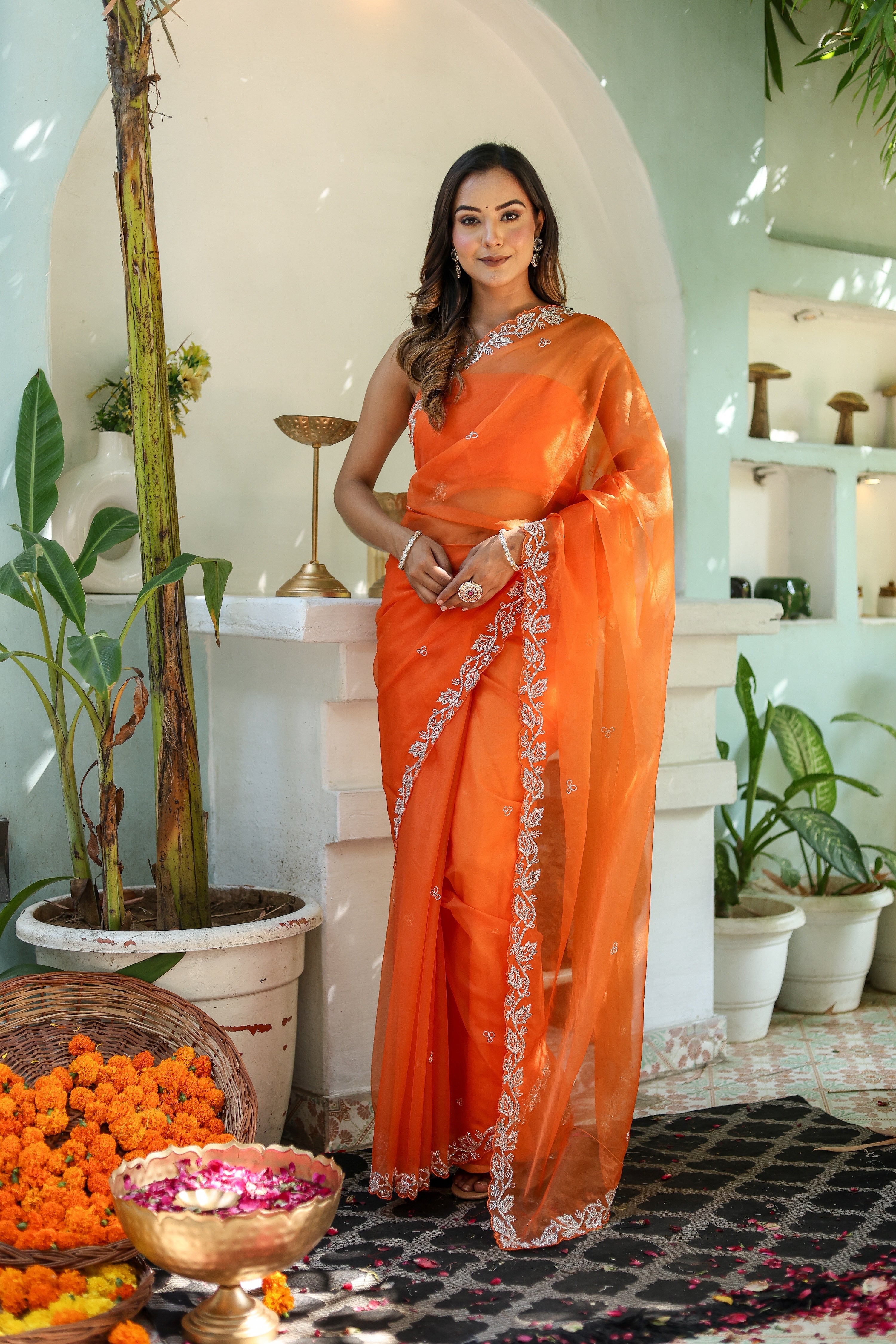 Enchanting Orange Chiffon Organza Hand Embroidered Saree Floral