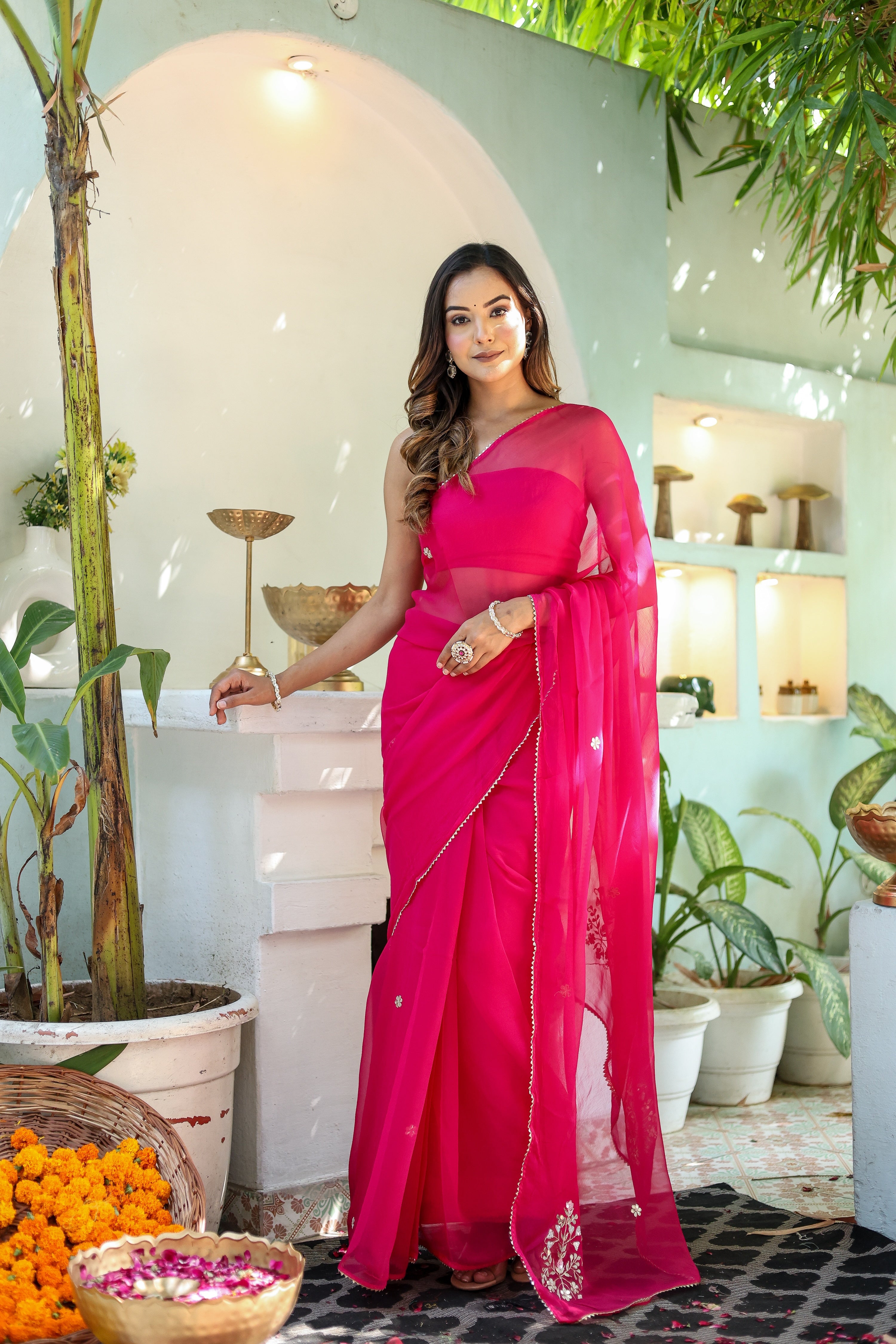 Regal Rani Pink Chiffon Hand Embroidered Saree Floral
