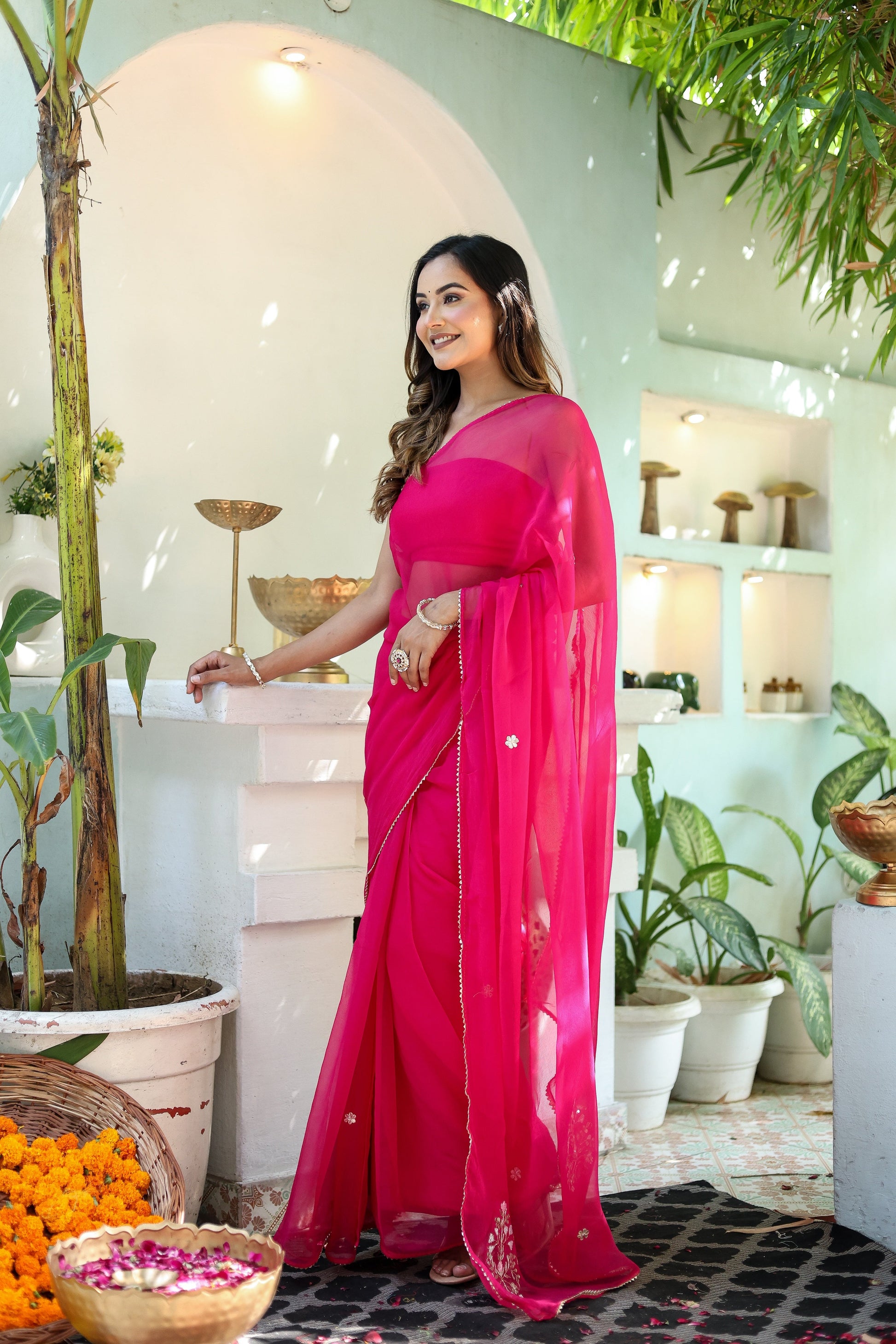 Regal Rani Pink Chiffon Hand Embroidered Saree Floral