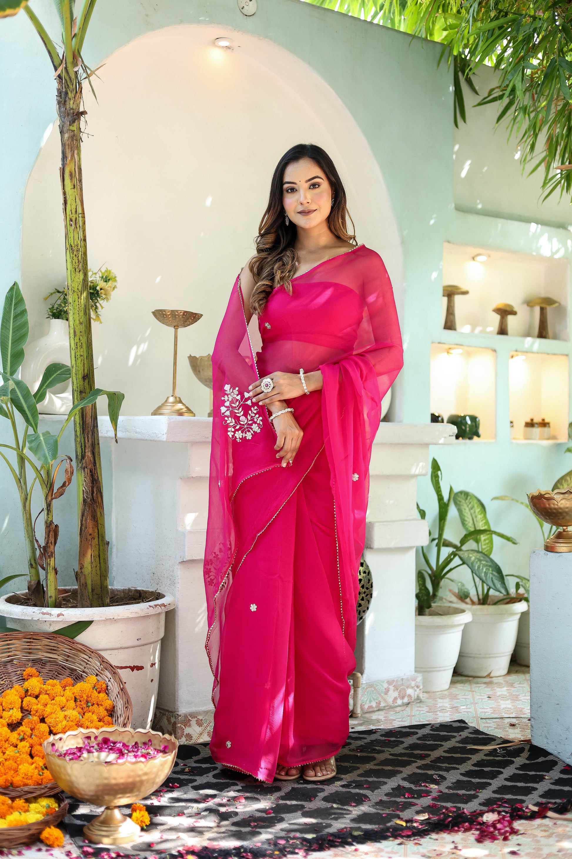 Regal Rani Pink Chiffon Hand Embroidered Saree Floral