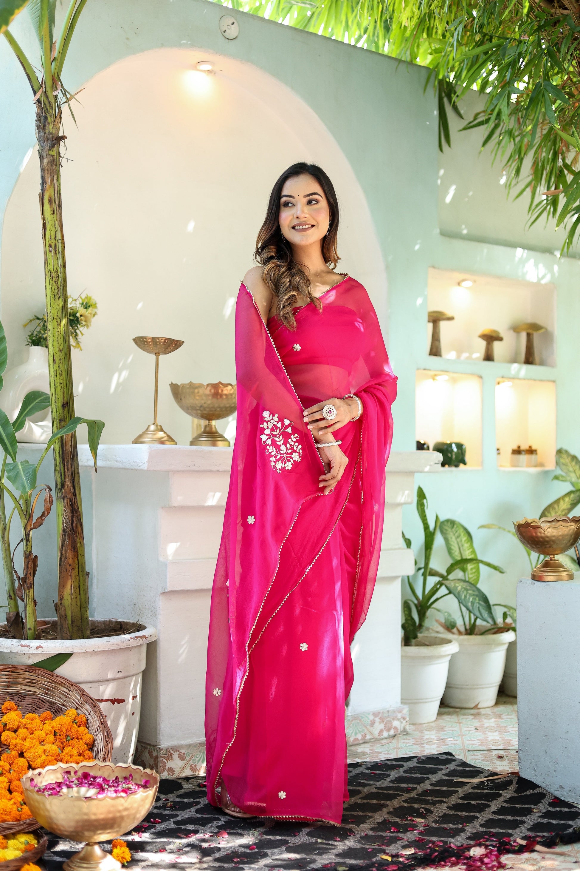 Regal Rani Pink Chiffon Hand Embroidered Saree Floral