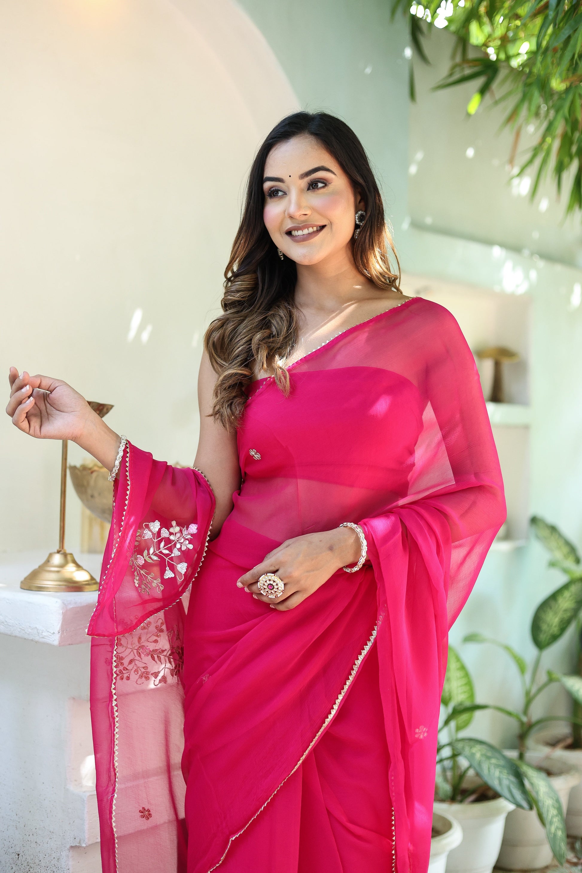 Regal Rani Pink Chiffon Hand Embroidered Saree Floral