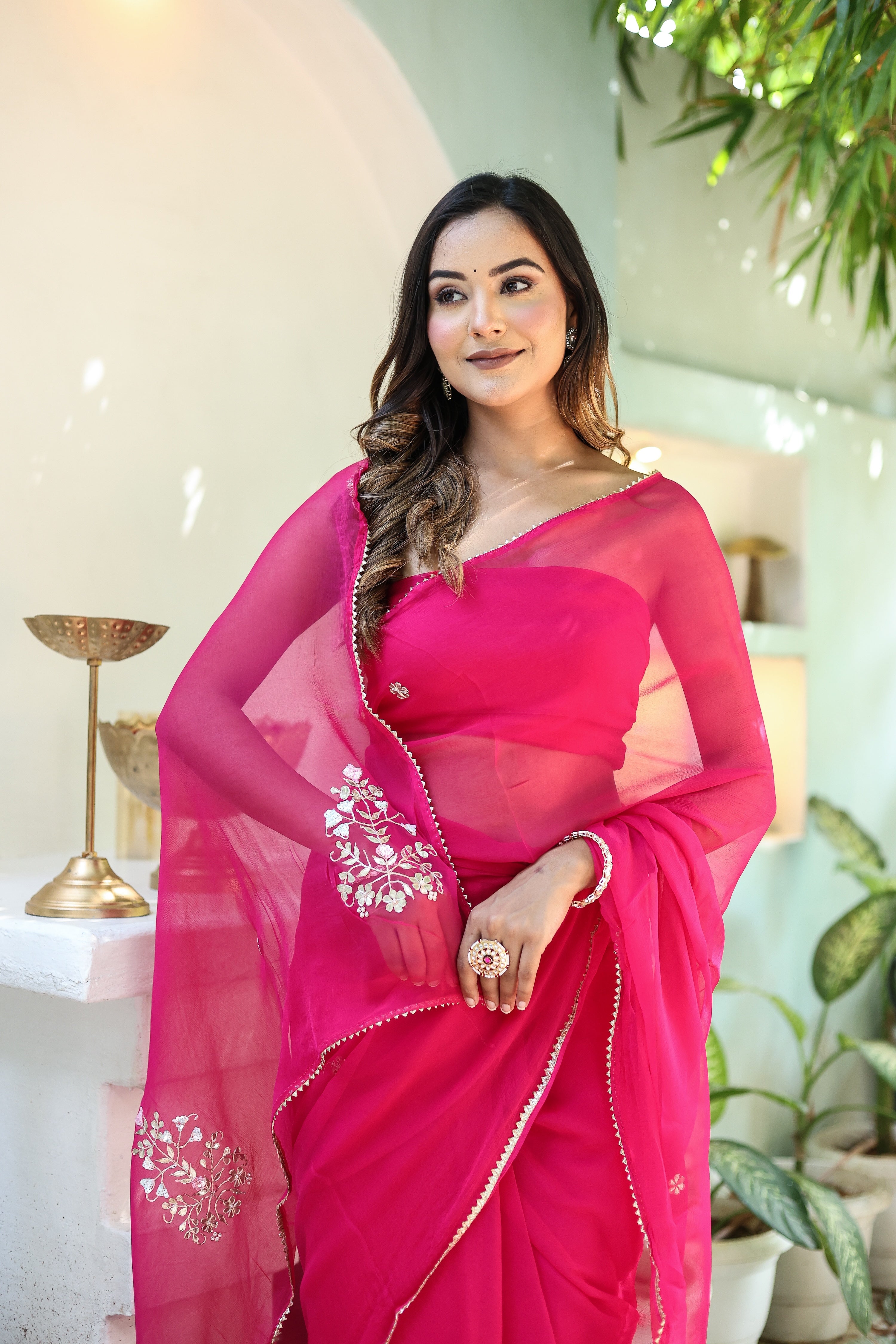 Regal Rani Pink Chiffon Hand Embroidered Saree Floral