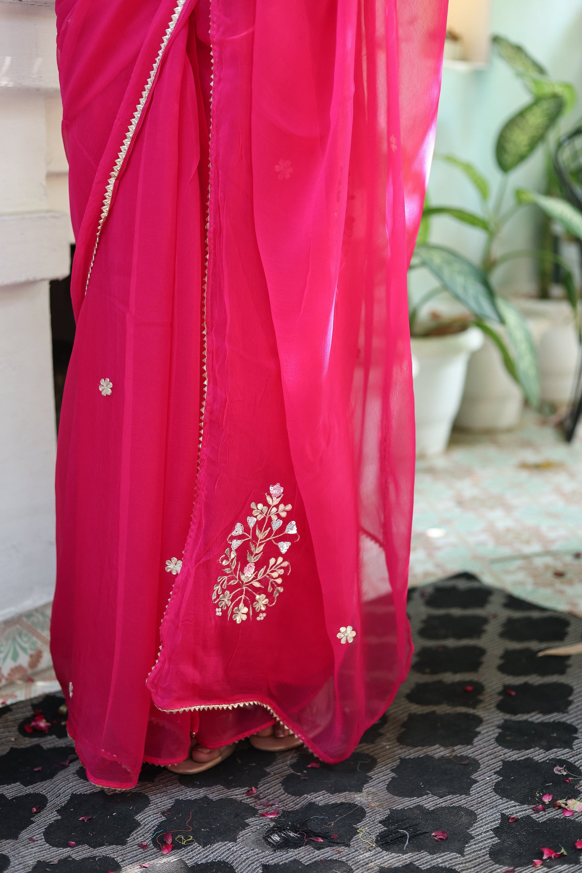 Regal Rani Pink Chiffon Hand Embroidered Saree Floral