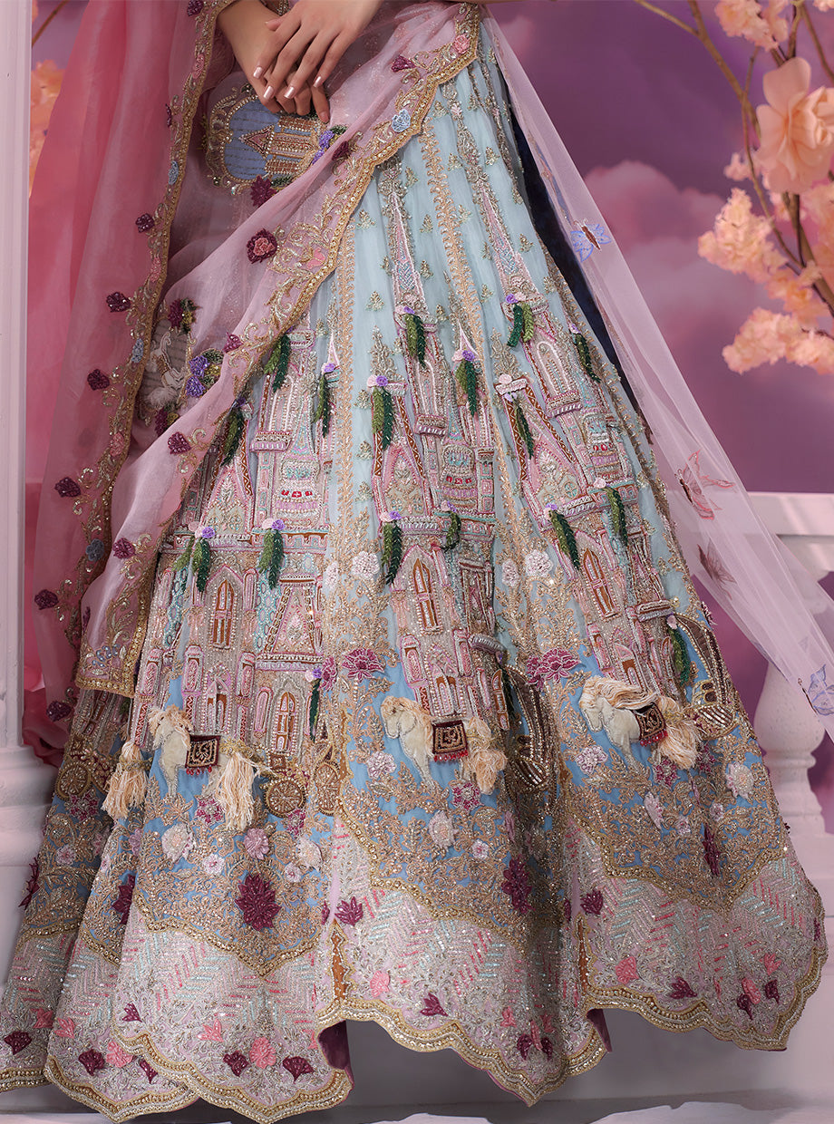Fairytale Sky Blue Castle & Carriage Embroidered Lehenga Set
