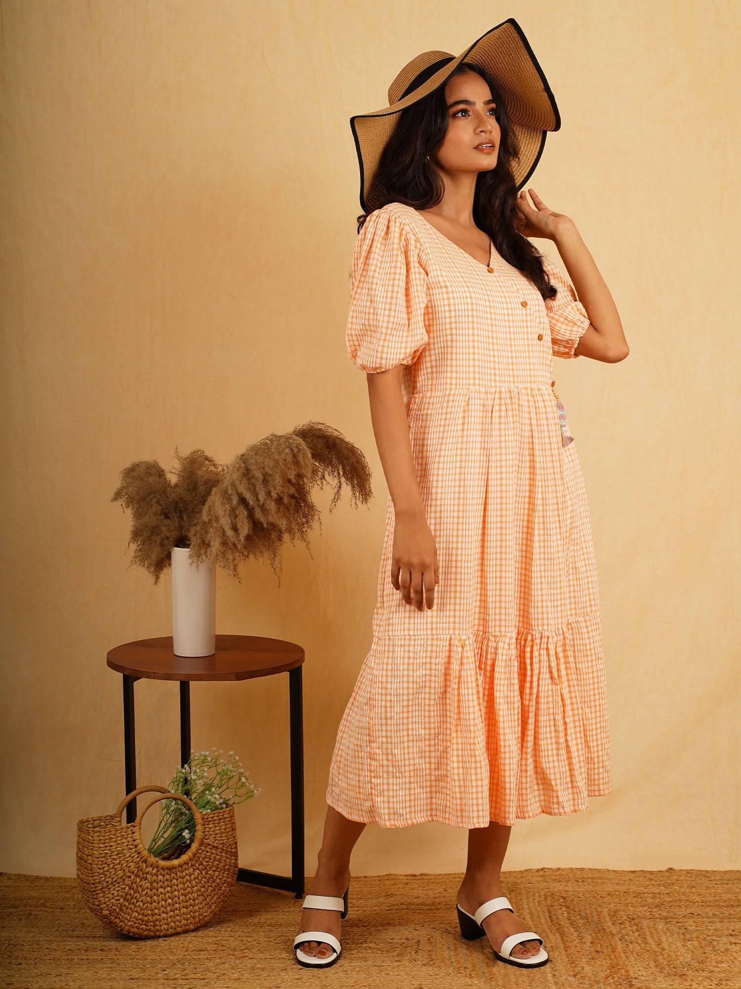 Fun Orange White Cotton Checks Angrakha Dress Fish Charm - Sunburnt