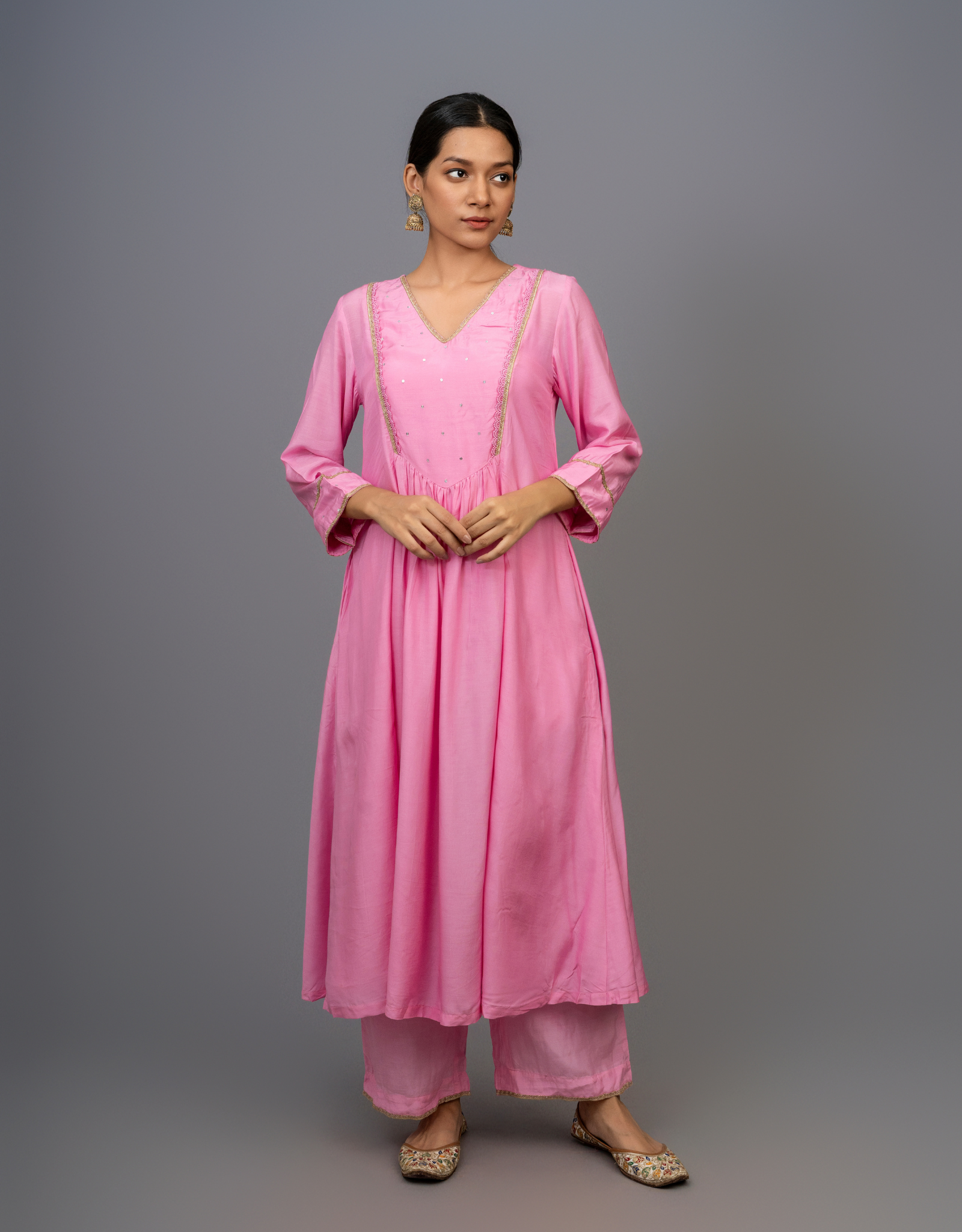 Purple Cotton Silk Hand Embroidered A-line Kurta Pants Set