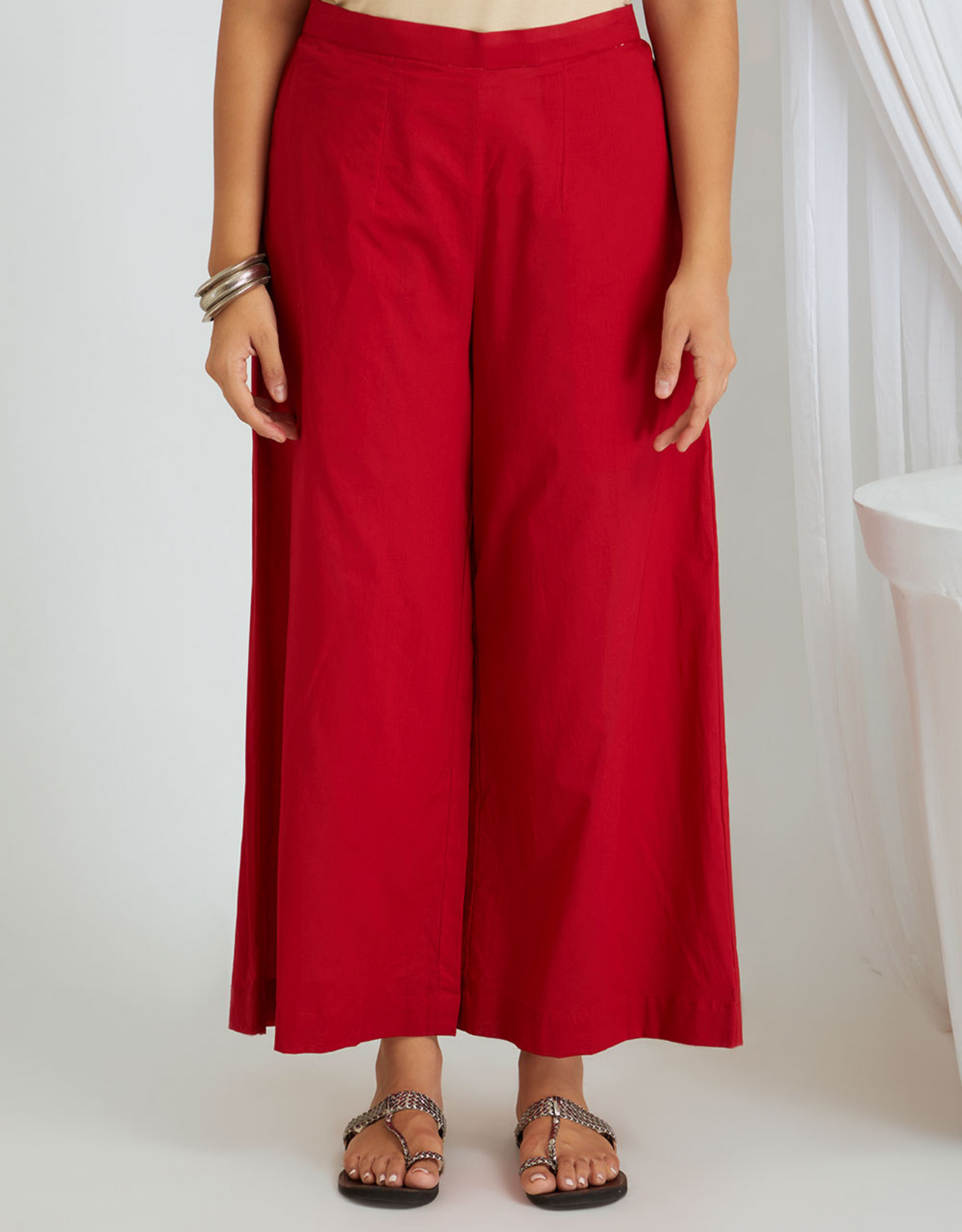 Red Hand Block Cotton High-Low Kurta Pants Co-ord Set Lace