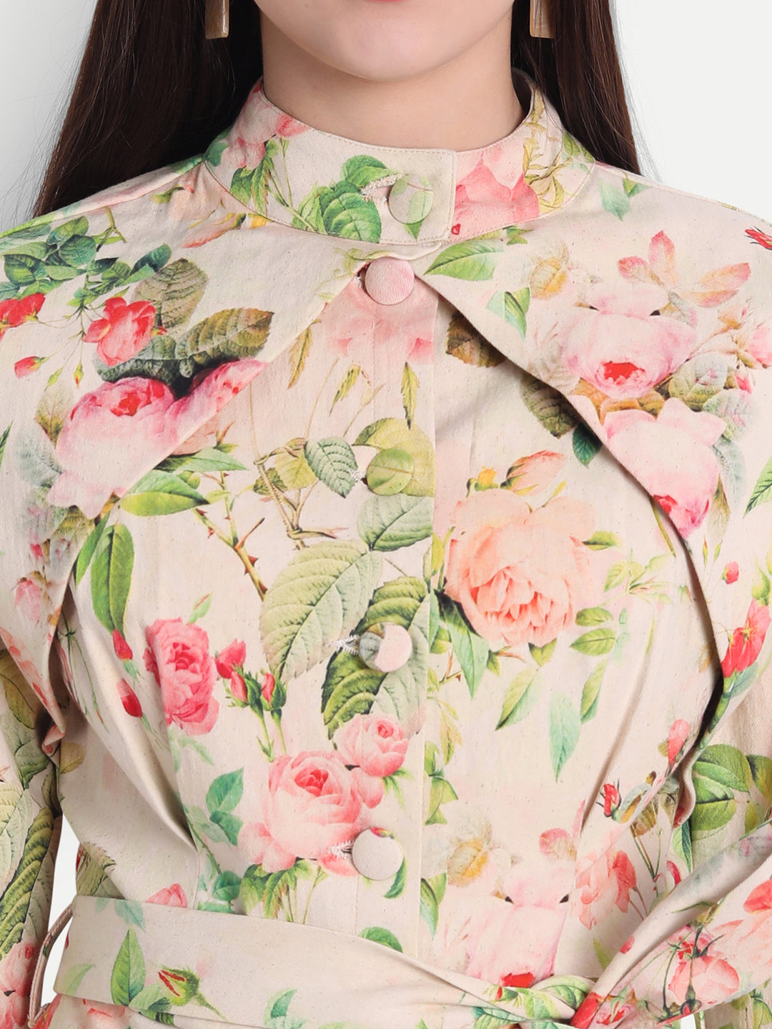 Enchanting White Twill Lycra Floral Trench Coat