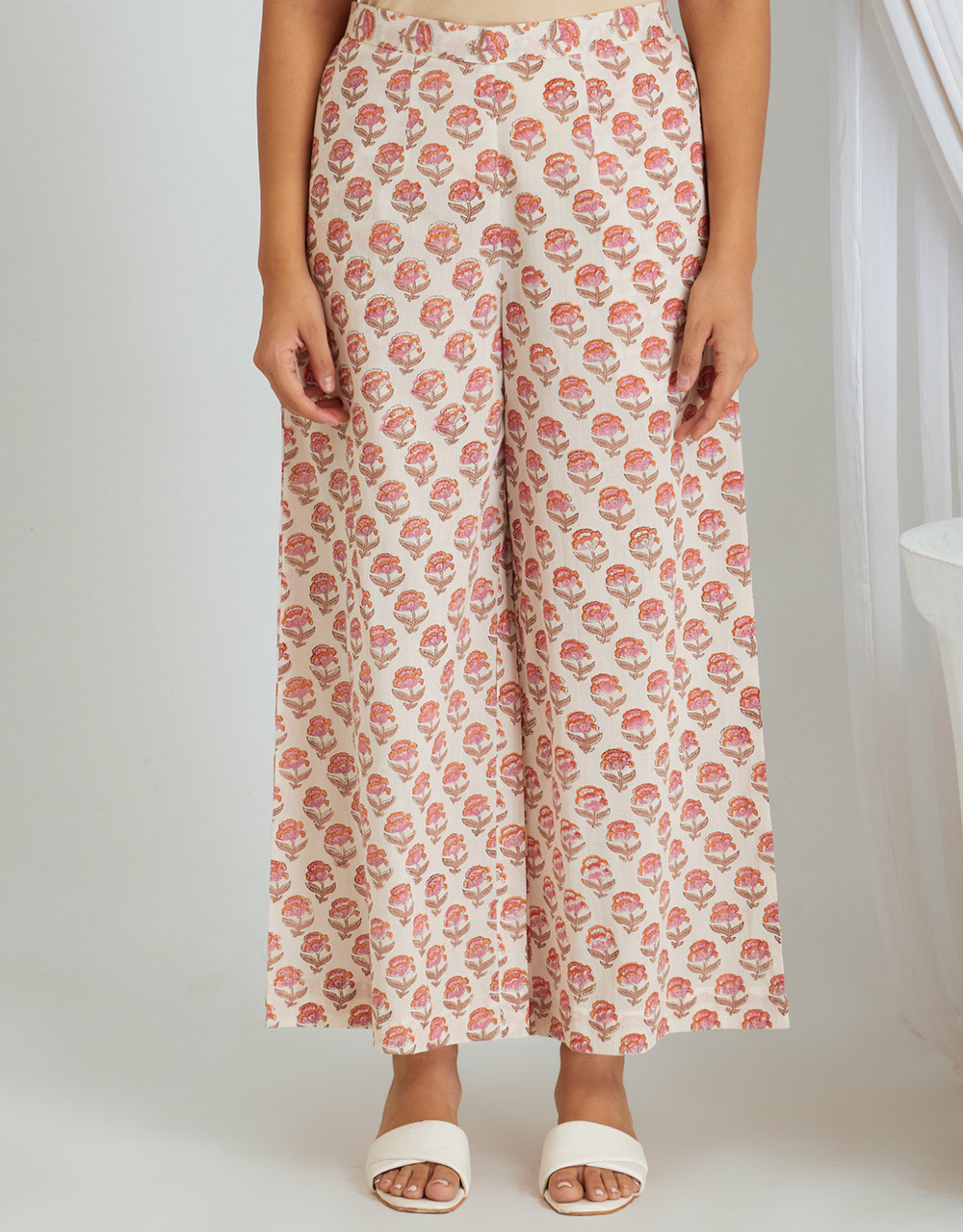 White Pink Hand Block Cotton Kurta Palazzo Co-ord Set Lace Tucks