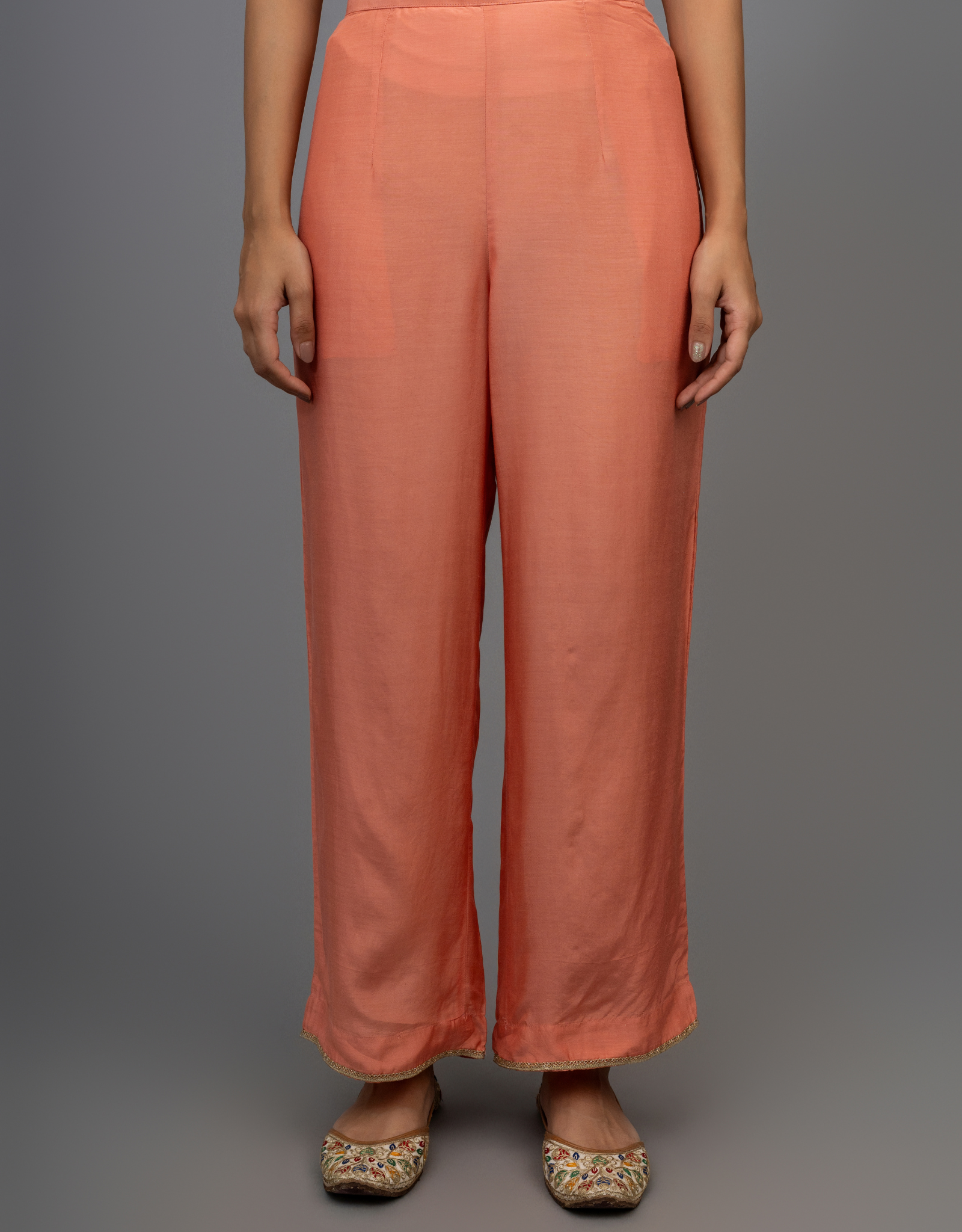 Rust Cotton Silk Hand Embroidered Gathered A-line Kurta Pants Set