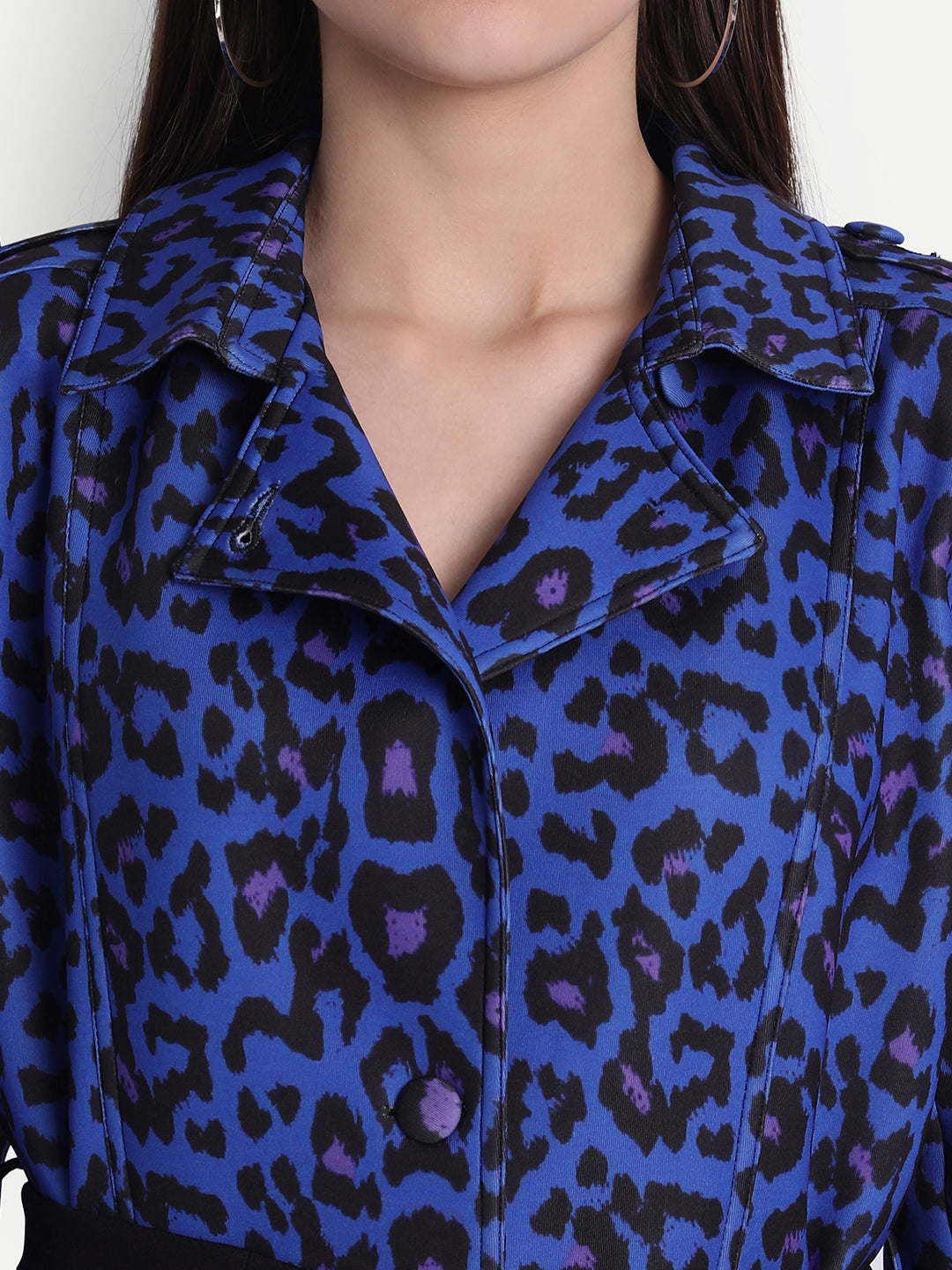 Fierce Blue Polyester Leopard Print Trench Coat