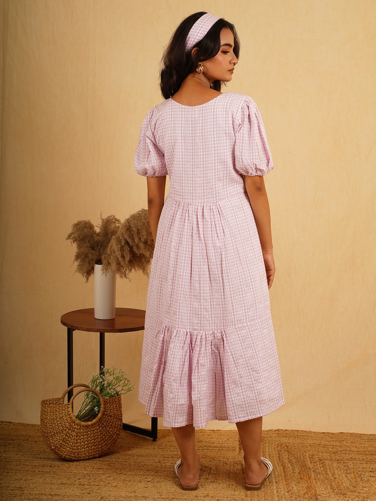 Modest Purple White Cotton Checks Angrakha Dress Fish Charm - Mauve