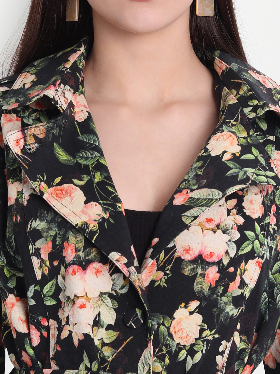 Sophisticated Black Beige White Twill Lycra Floral Trench Coat