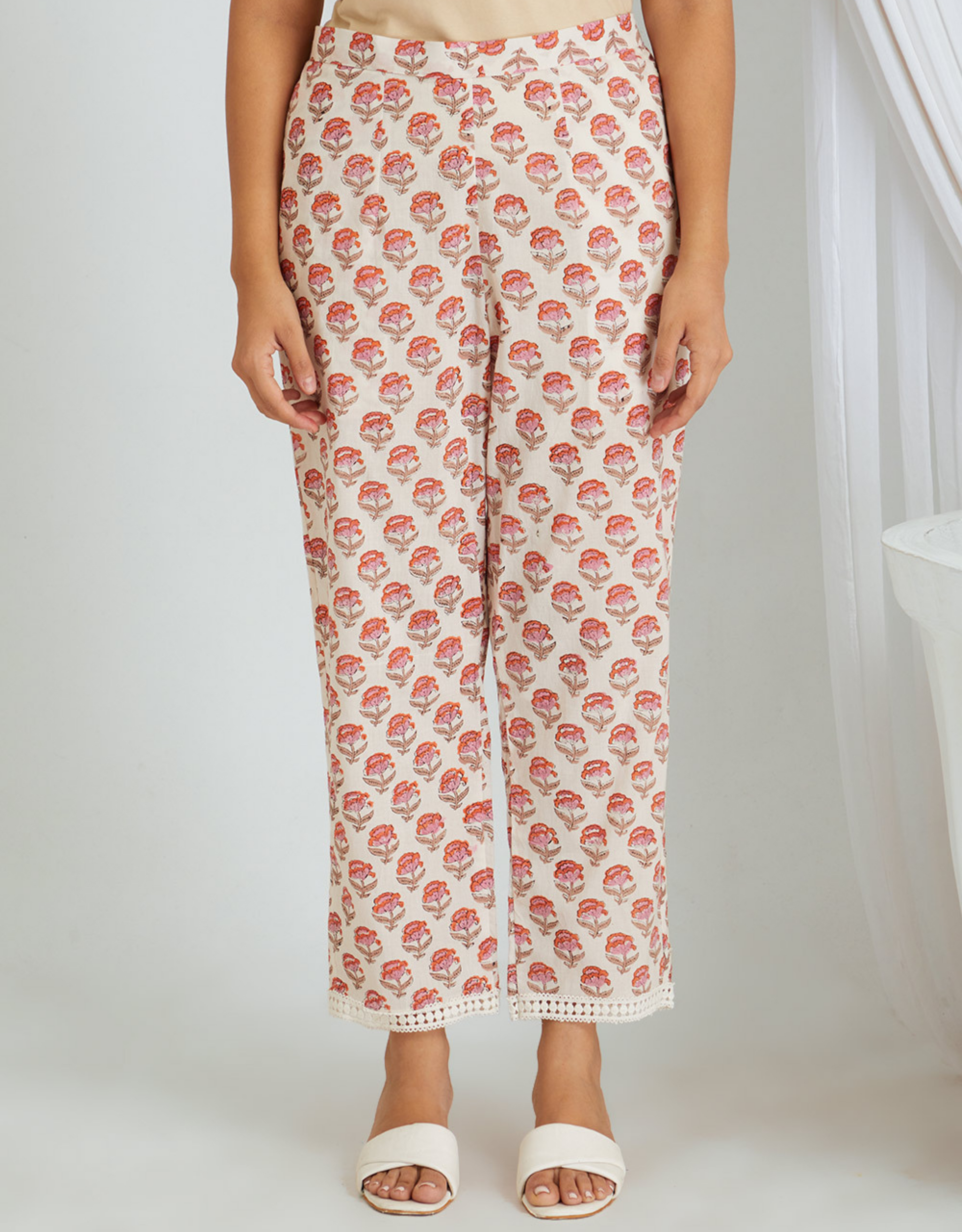 White Pink Hand Block Cotton Tunic Pants Co-ord Set Lace Detail