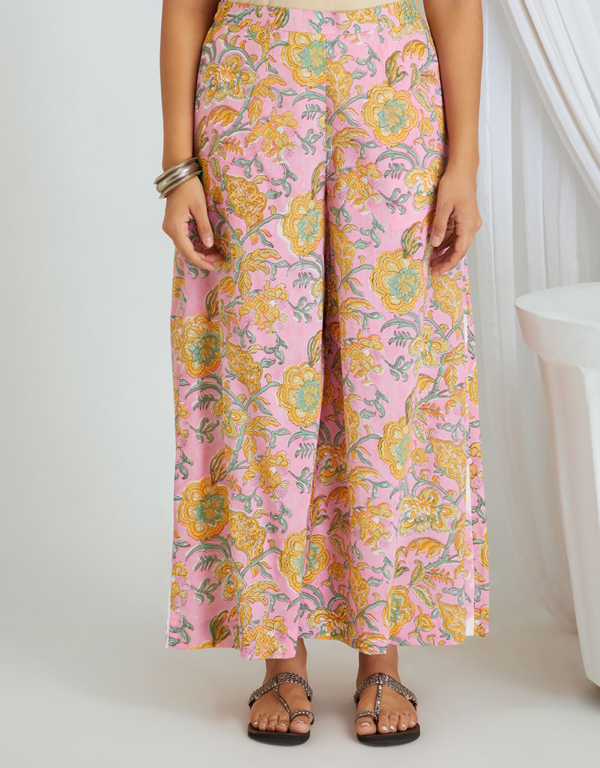 Pink Hand Block Cotton Kurta Pants Co-ord Set Lace Detail High Cut