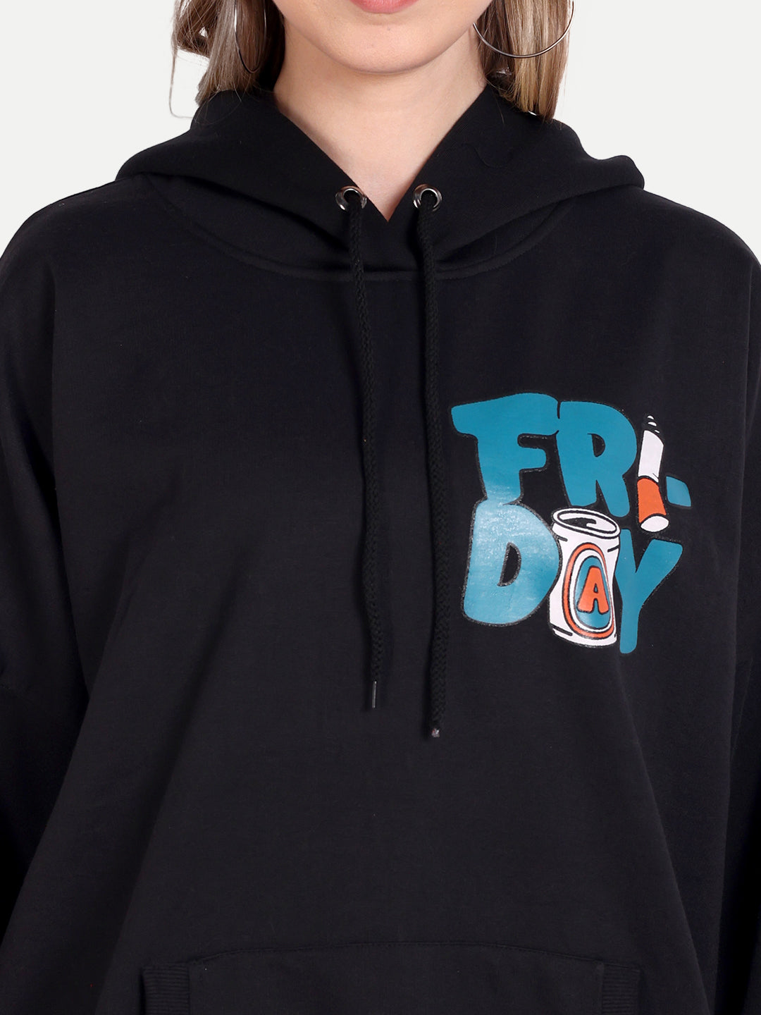 Stylish Black Fleece Weekend Print Sweatshirt - Front Back