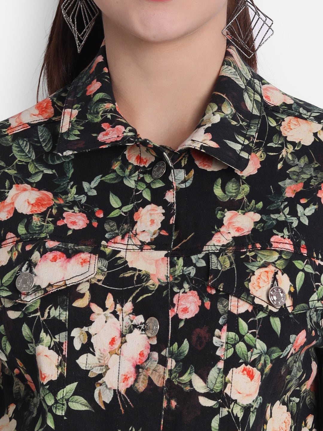 Chic Black Beige White Twill Lycra Floral Short Jacket