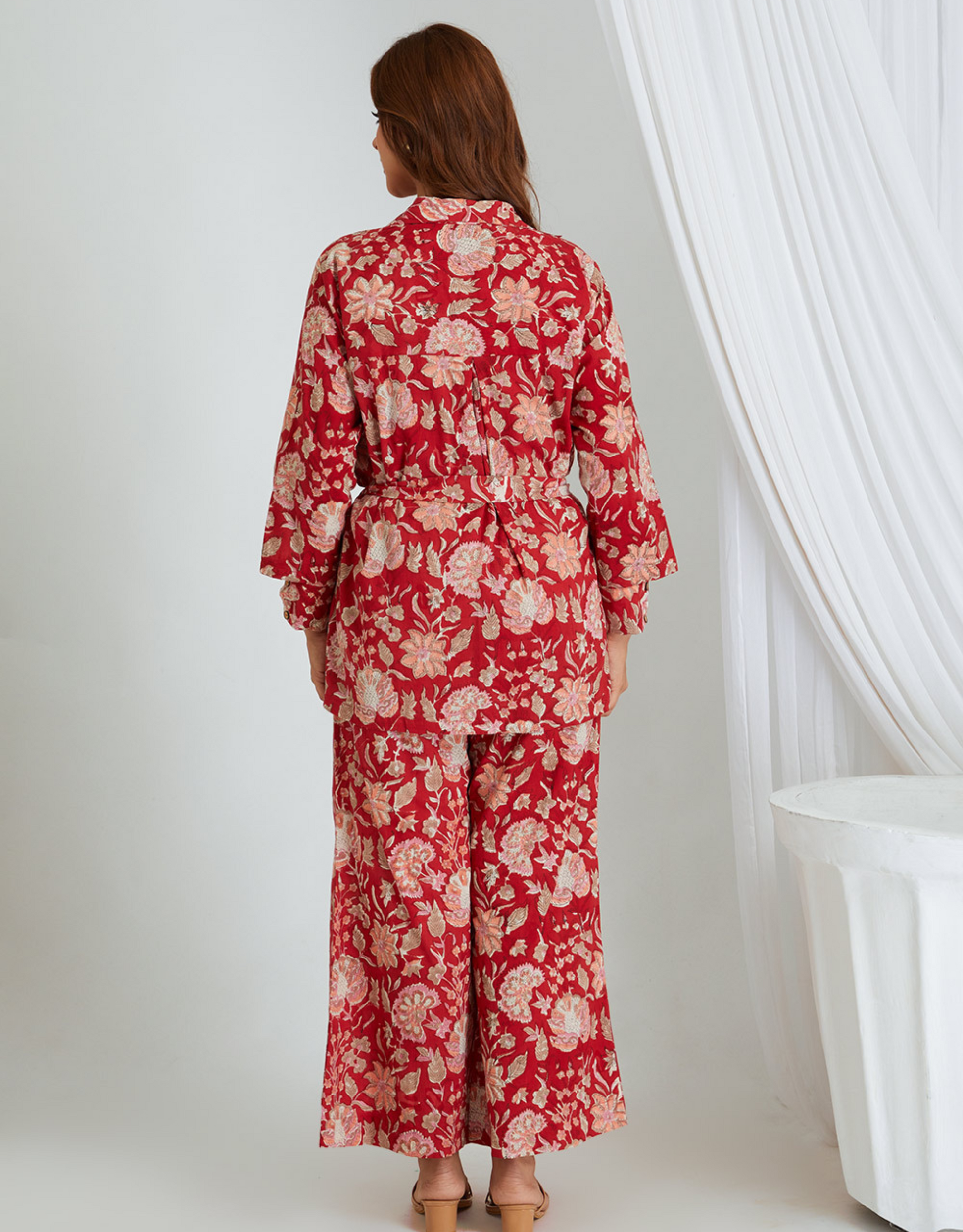 Red Hand Block Cotton Shirt Top Slip Pants Co-ord Set Belt Knot
