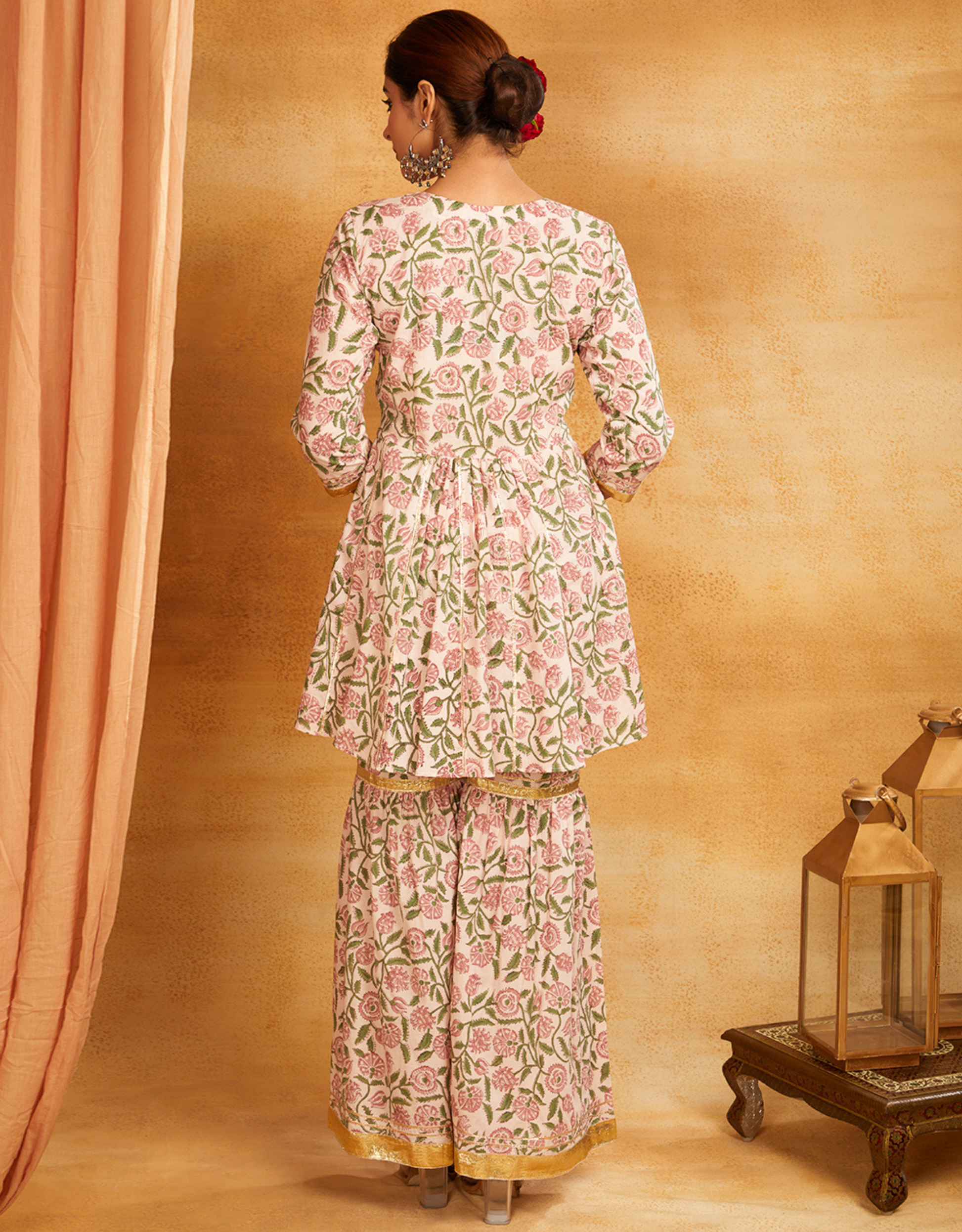 Green Block Printed Kalidar Gota Pati Short Gathered Kurta V Neck